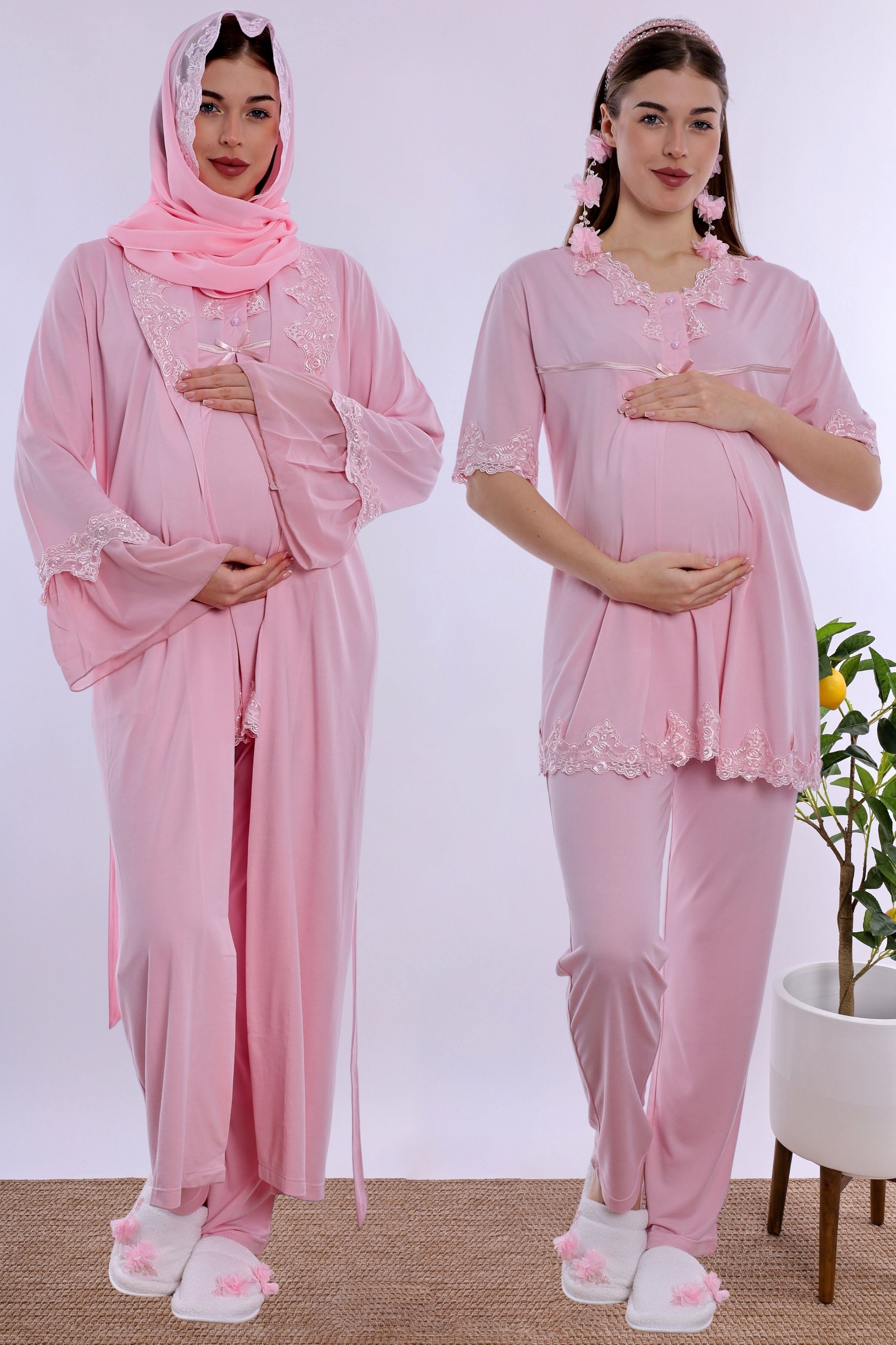 2T50342 Tesettürlü Pamuklu Uzun Sabahlıklı Hamile Lohusa Emzirme Pijama Takımı  - Pembe