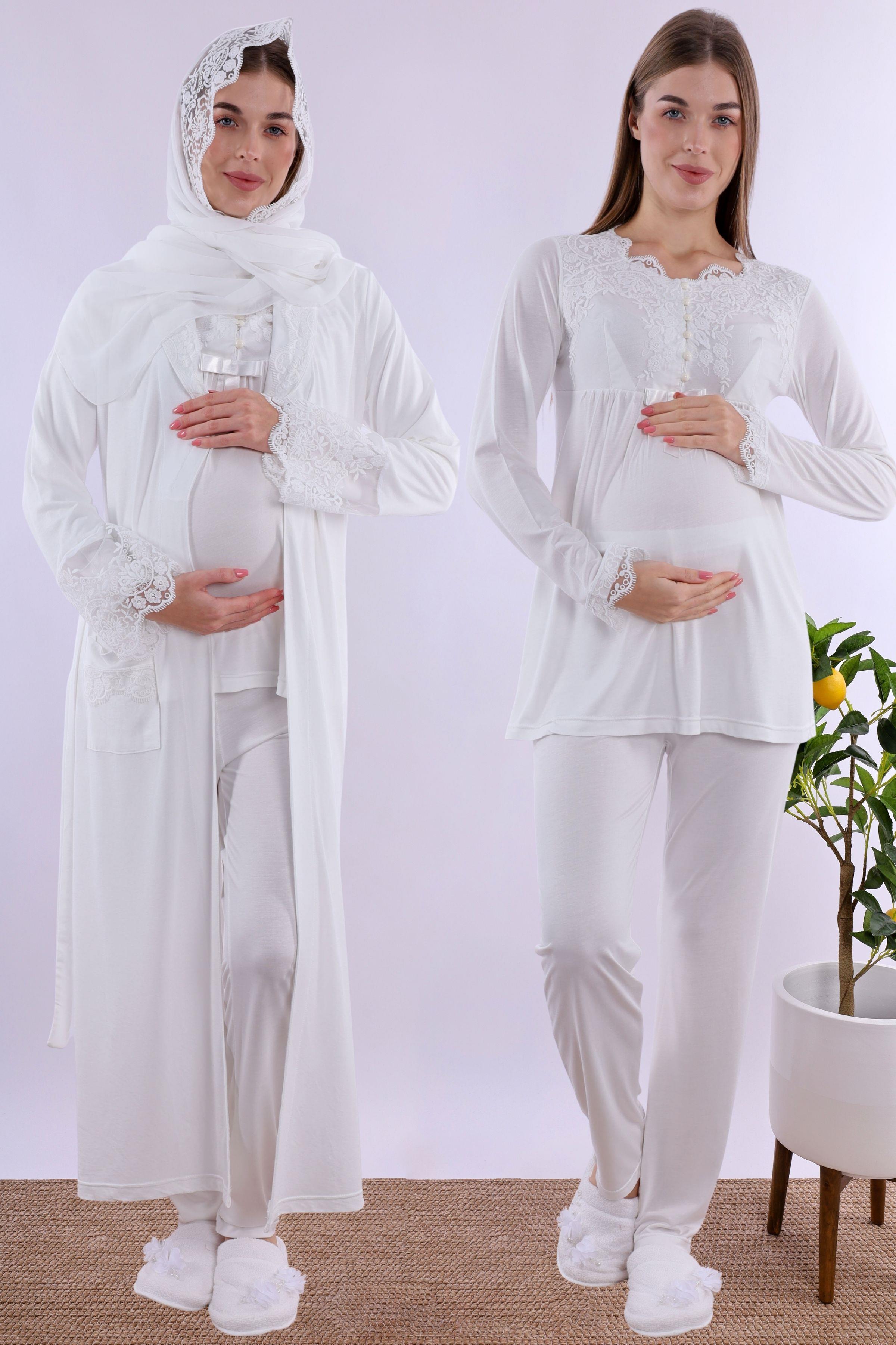 2T54162 Ekru Tesettürlü Sabahlıklı Hamile Lohusa Pijama Takımı