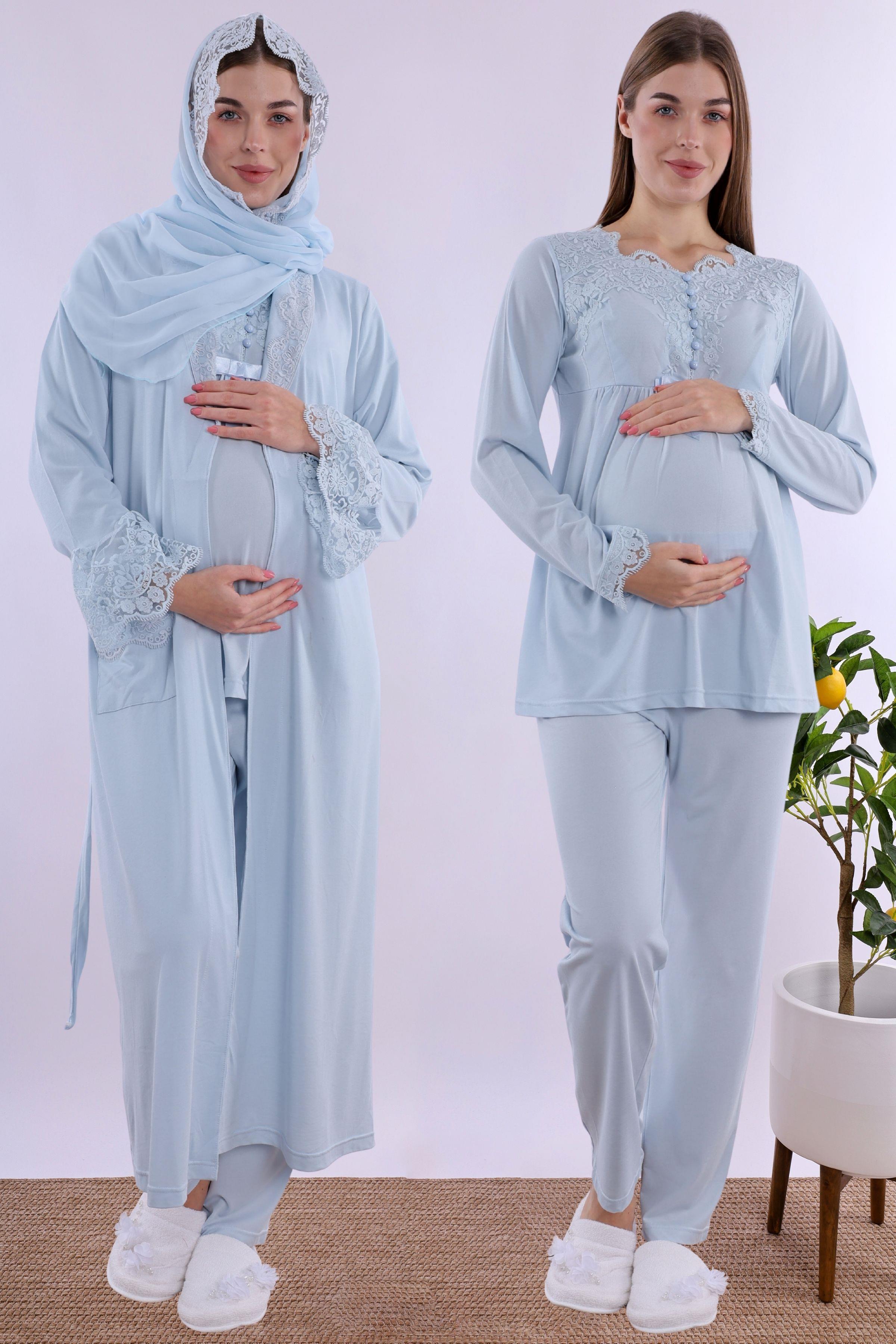 2T54162 Mavi Tesettürlü Sabahlıklı Hamile Lohusa Pijama Takımı