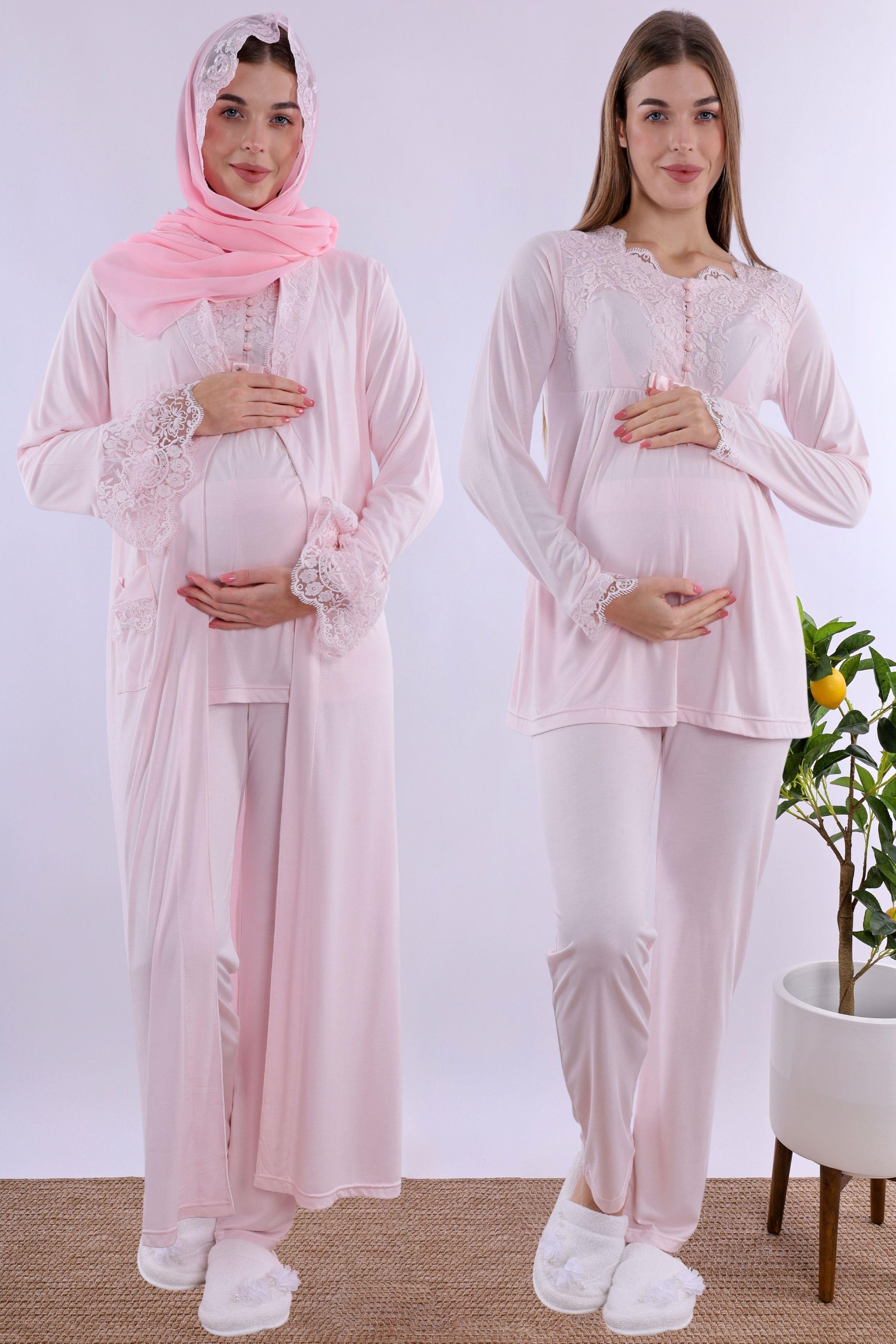 2T54162 Pembe Tesettürlü Sabahlıklı Hamile Lohusa Pijama Takımı