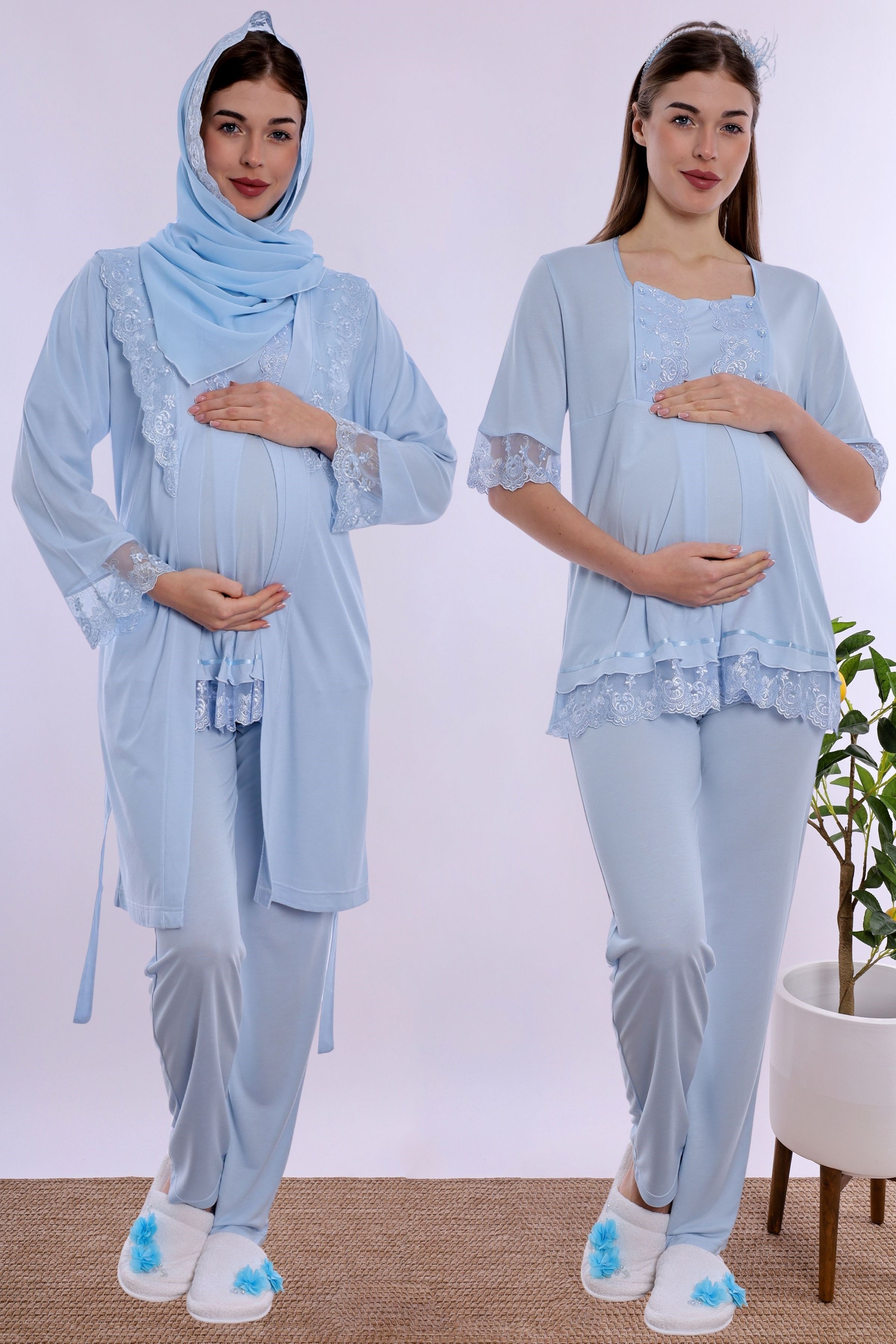 2T60342 Tesettürlü Rahat Kesim Emzirme Özellikli Sabahlıklı Hamile Lohusa Pijama Takımı  - Mavi