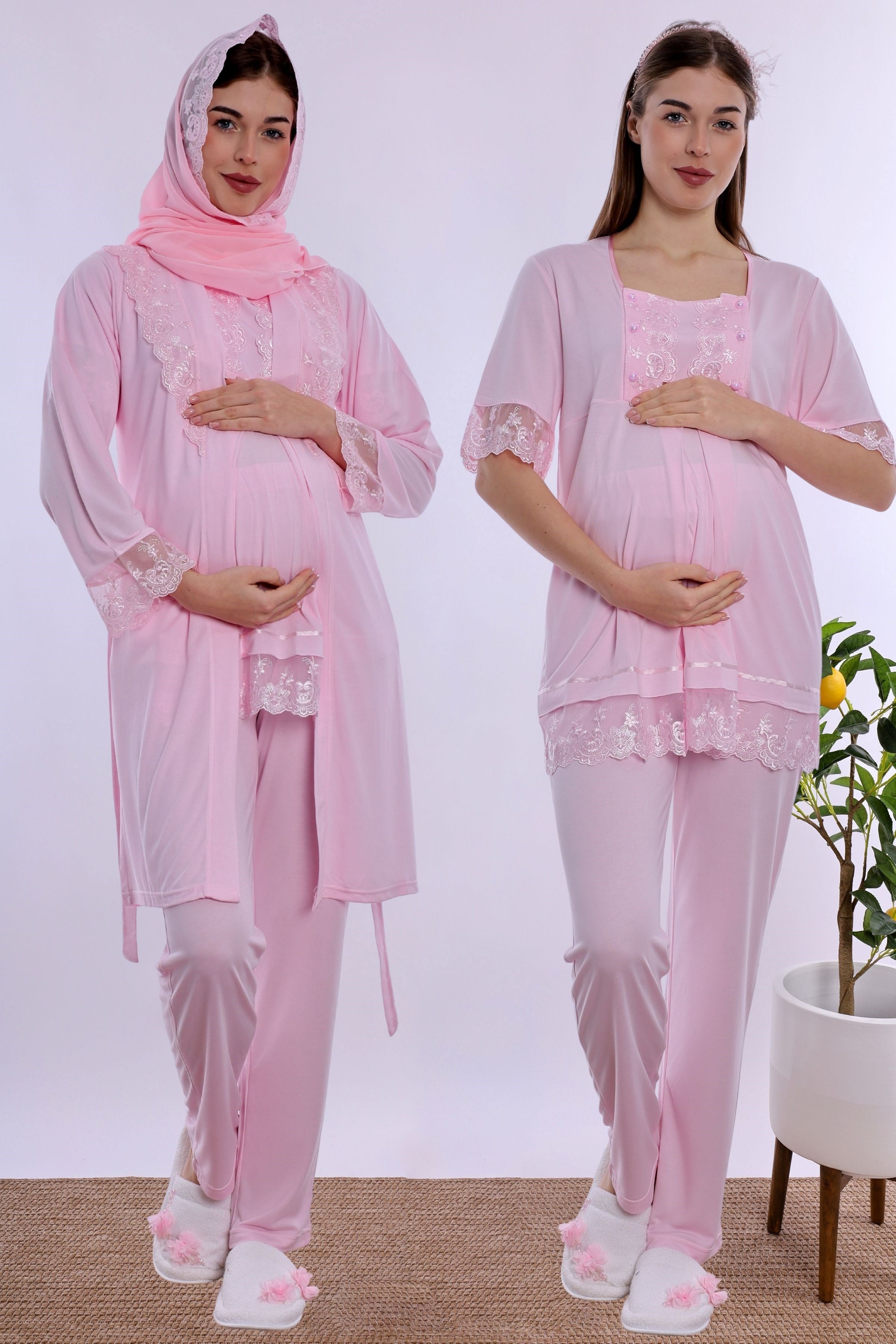2T60342 Tesettürlü Rahat Kesim Emzirme Özellikli Sabahlıklı Hamile Lohusa Pijama Takımı  - Pembe