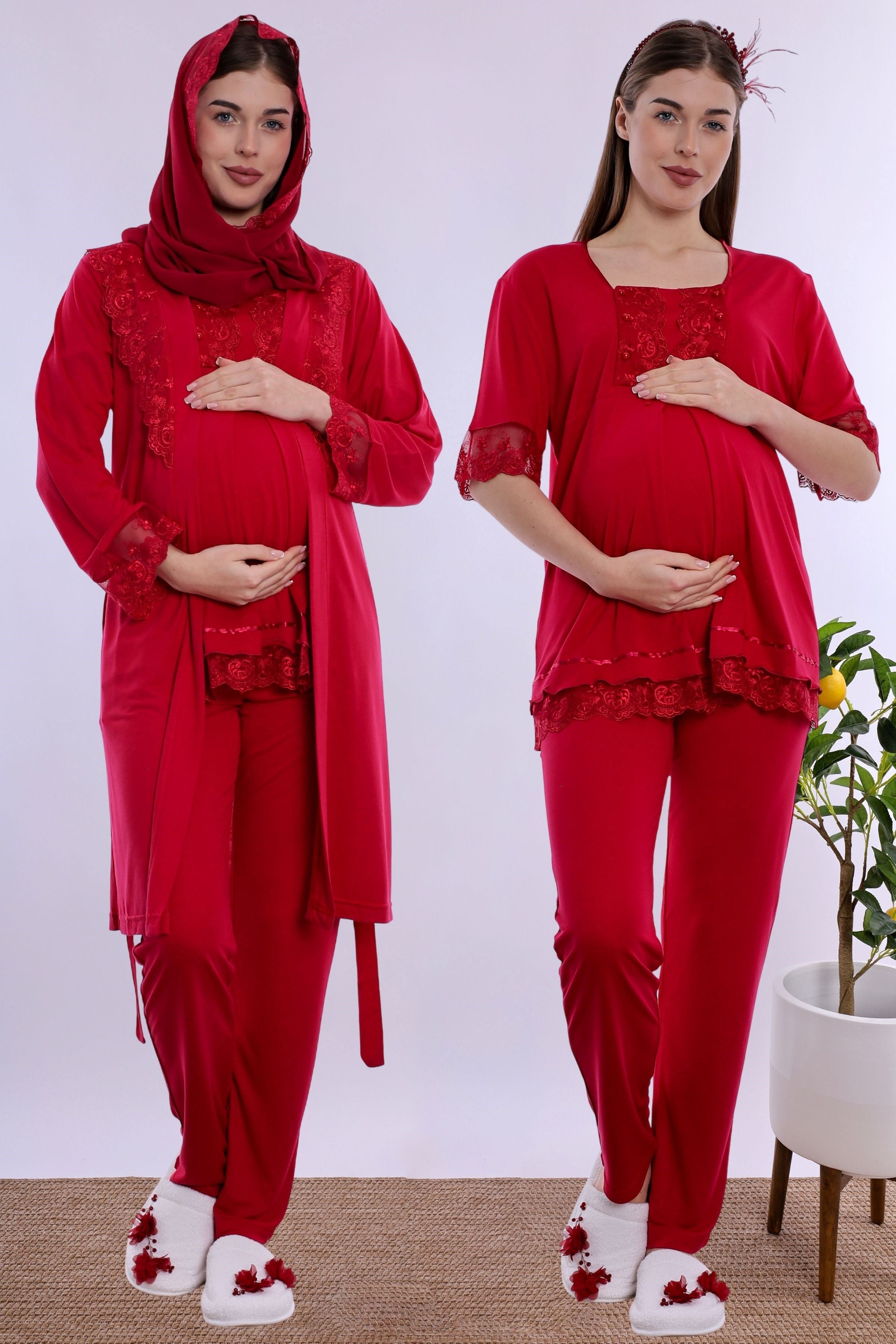2T60342 Tesettürlü Rahat Kesim Emzirme Özellikli Sabahlıklı Hamile Lohusa Pijama Takımı  - Vişne