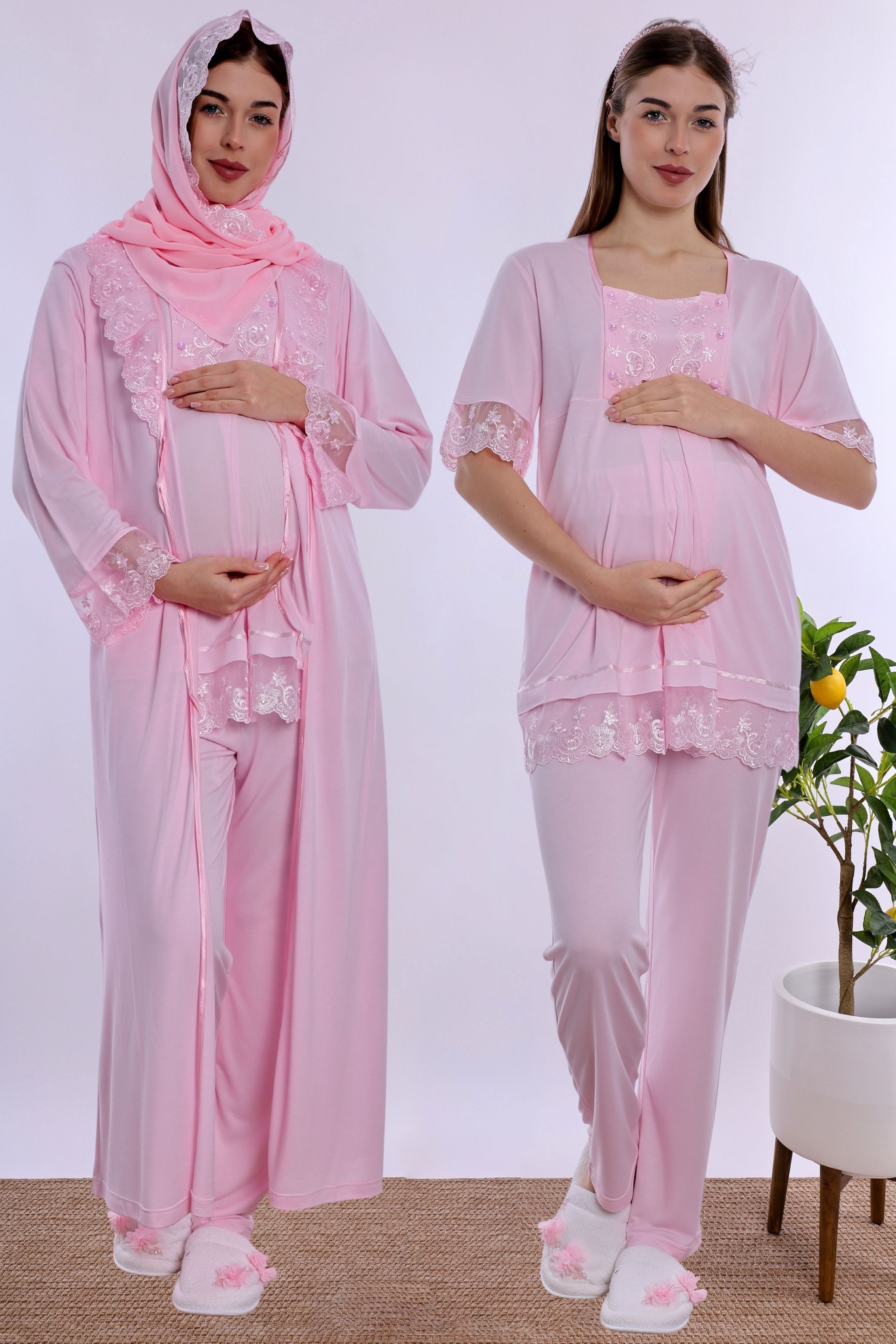 2T60372 Tesettürlü Yumuşak Dokulu Pamuklu  Uzun Sabahlıklı Hamile Lohusa Pijama Takımı  - Pembe