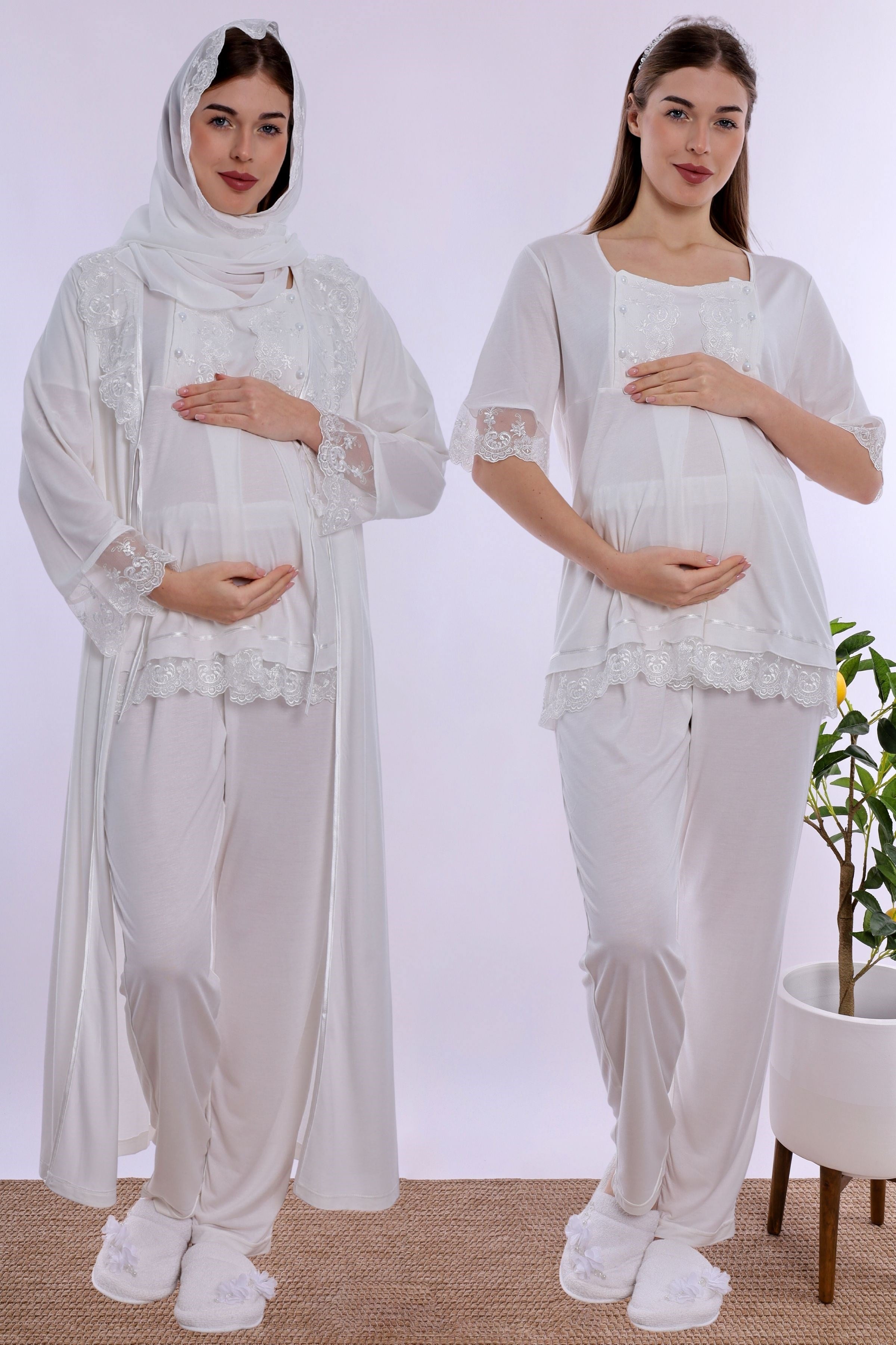 2T60372 Tesettürlü Yumuşak Dokulu Pamuklu  Uzun Sabahlıklı Hamile Lohusa Pijama Takımı  - Ekru