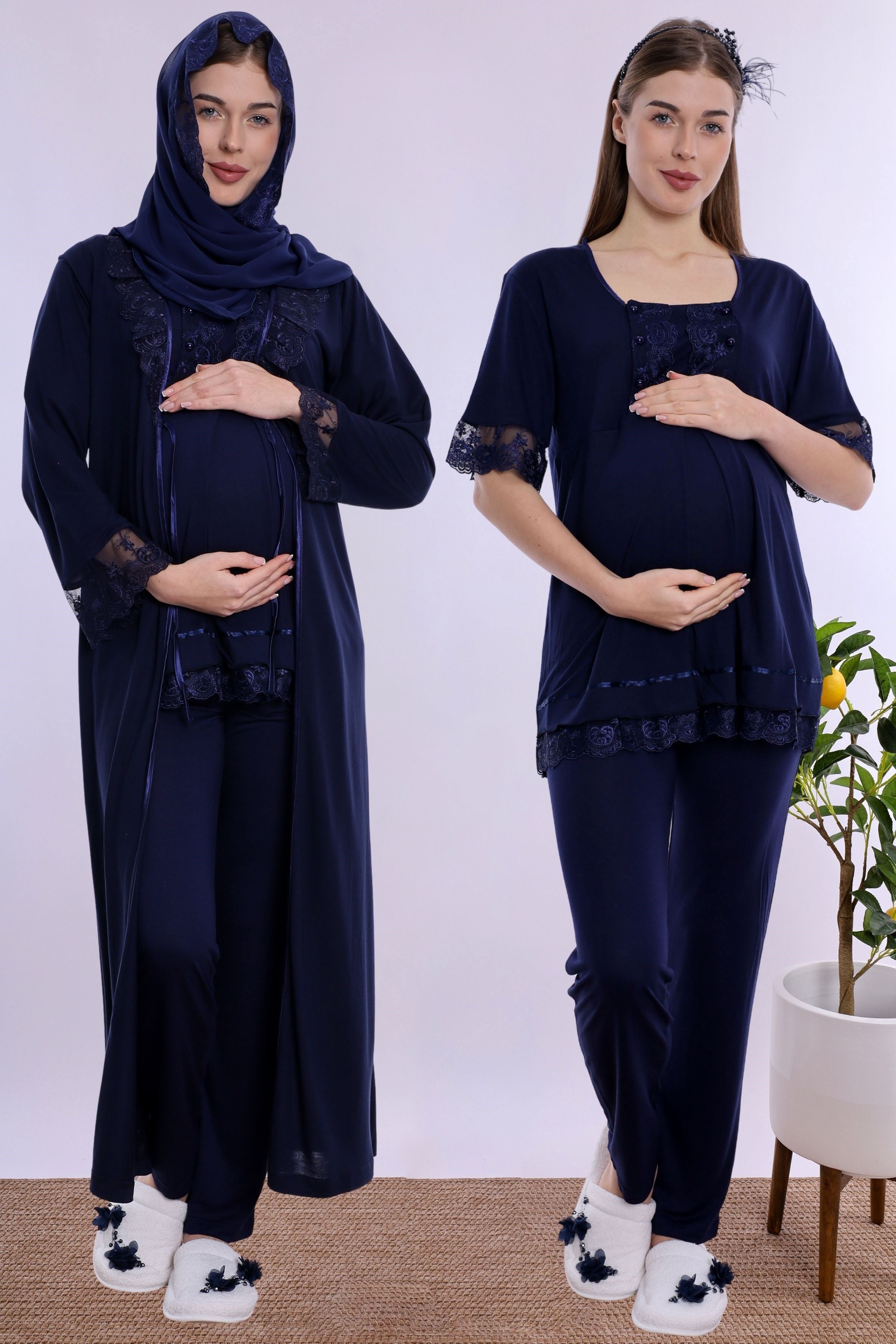 2T60372 Tesettürlü Yumuşak Dokulu Pamuklu  Uzun Sabahlıklı Hamile Lohusa Pijama Takımı  - Lacivert