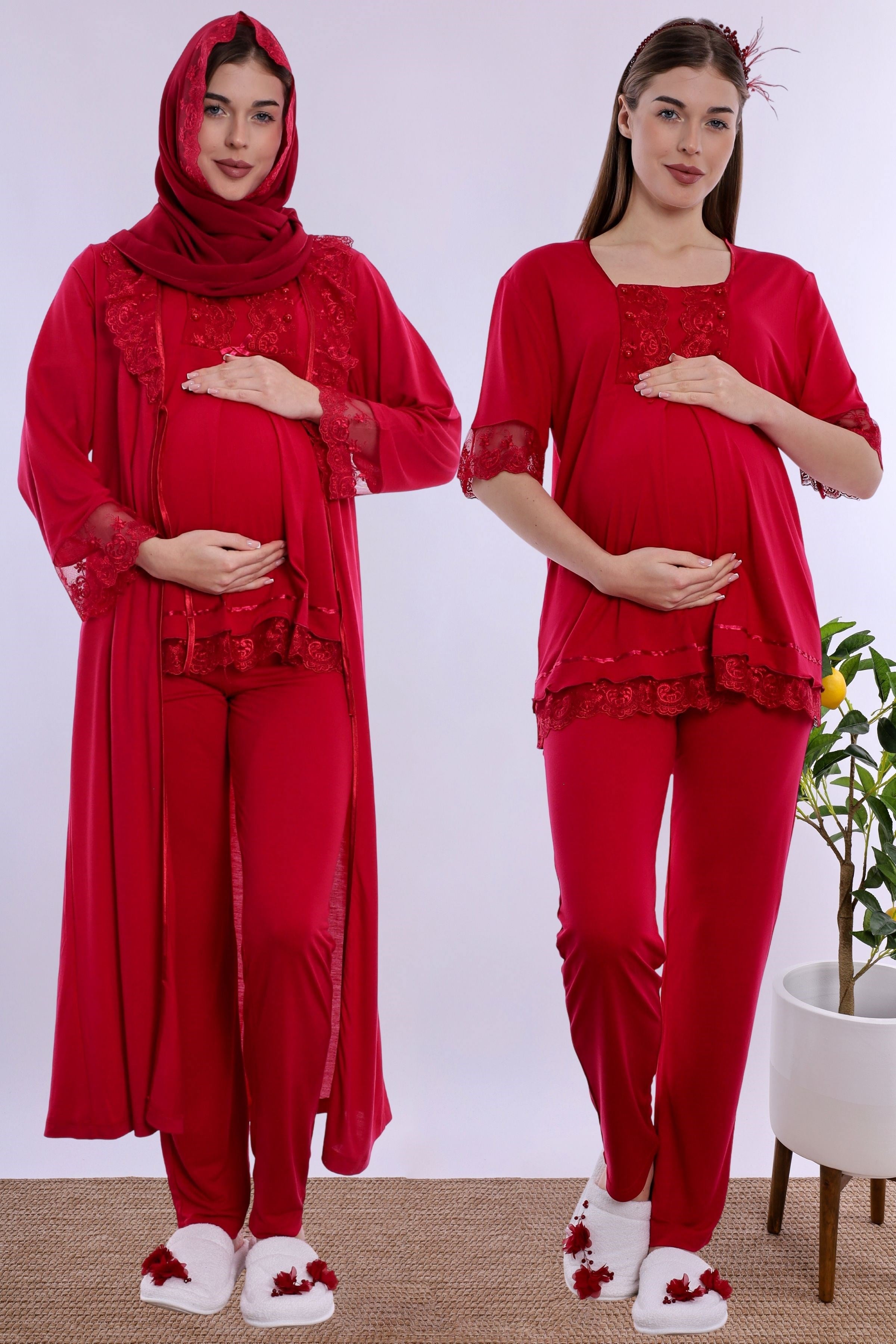 2T60372 Tesettürlü Yumuşak Dokulu Pamuklu  Uzun Sabahlıklı Hamile Lohusa Pijama Takımı  - Vişne