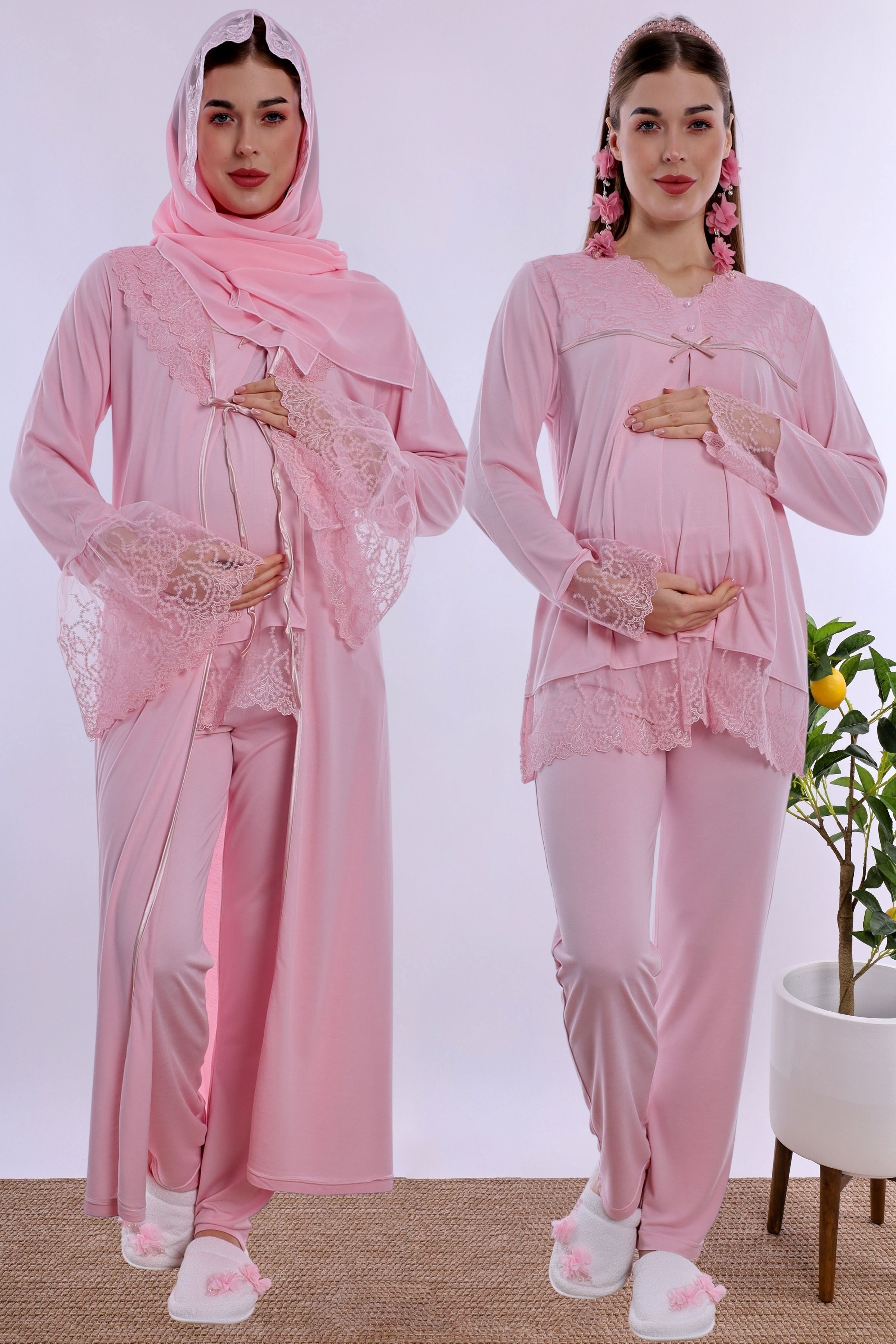 2T70442 Tesettürlü Pamuklu Hamile Lohusa Pijama ve Sabahlık Takımı  - Pembe