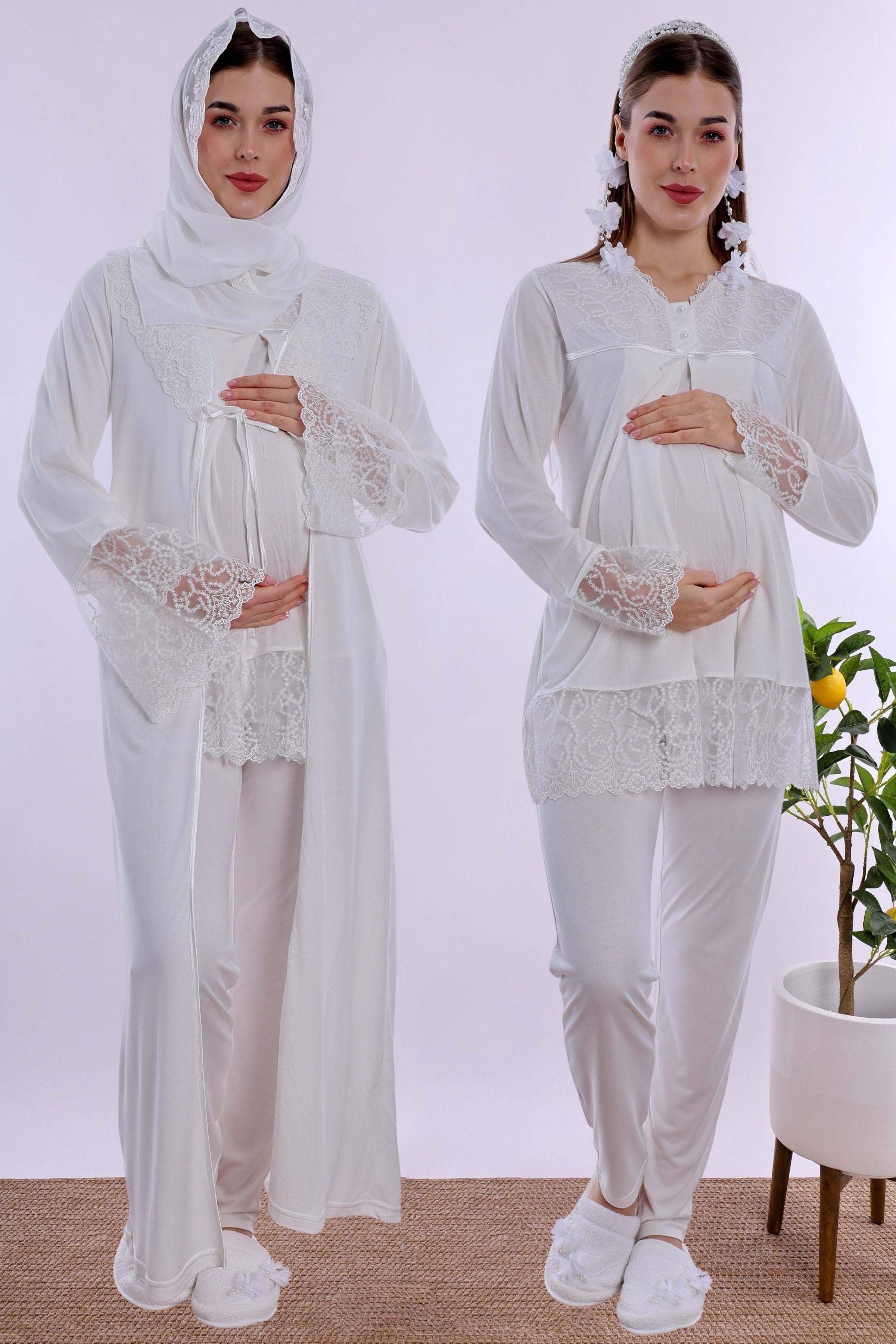2T70442 Tesettürlü Pamuklu Hamile Lohusa Pijama ve Sabahlık Takımı  - Ekru