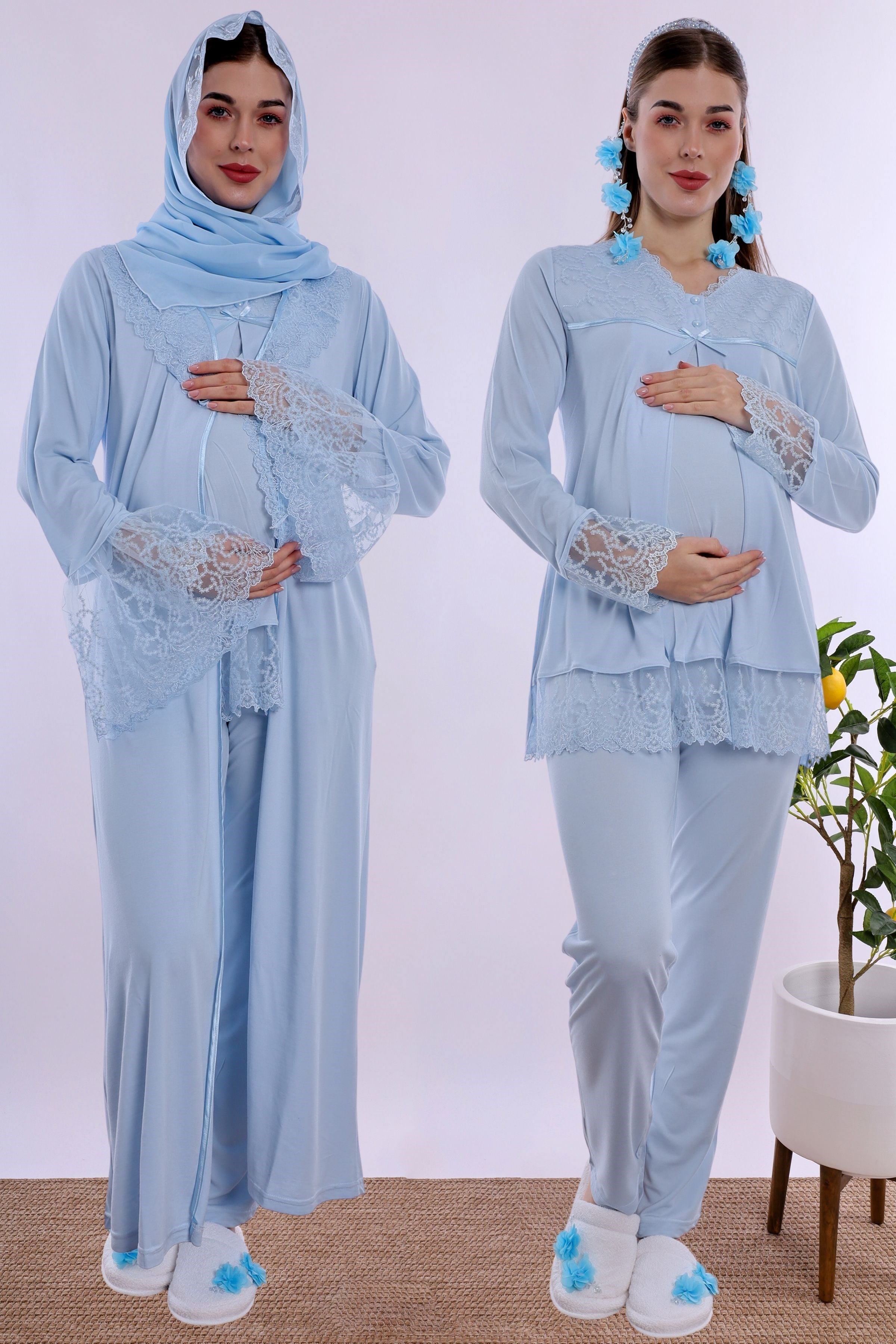 2T70442 Tesettürlü Pamuklu Hamile Lohusa Pijama ve Sabahlık Takımı  - Mavi
