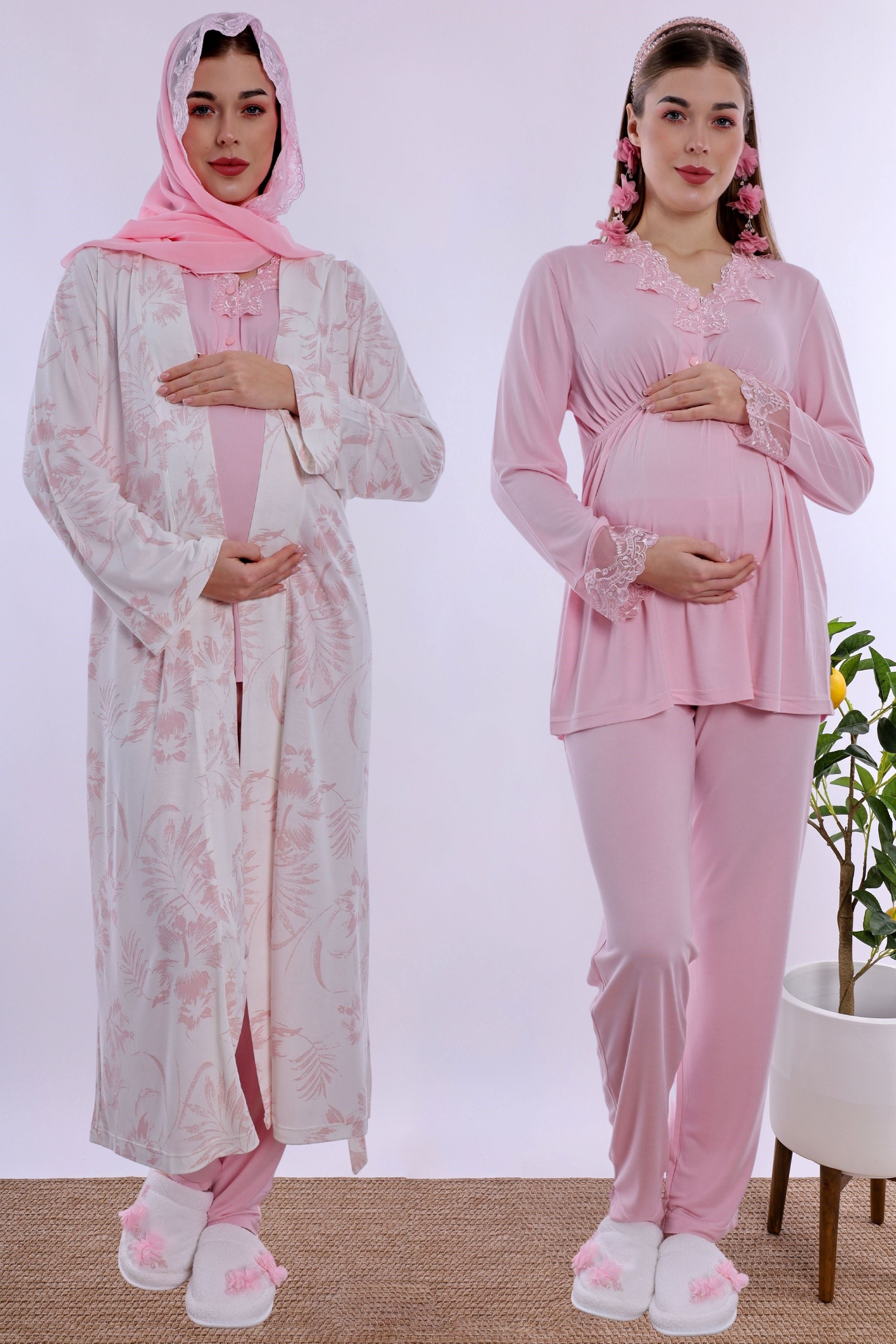 2T80942 Tesettürlü Rahat Kalıp Sabahlıklı Hamile Lohusa Pijama Takımı - Pudra