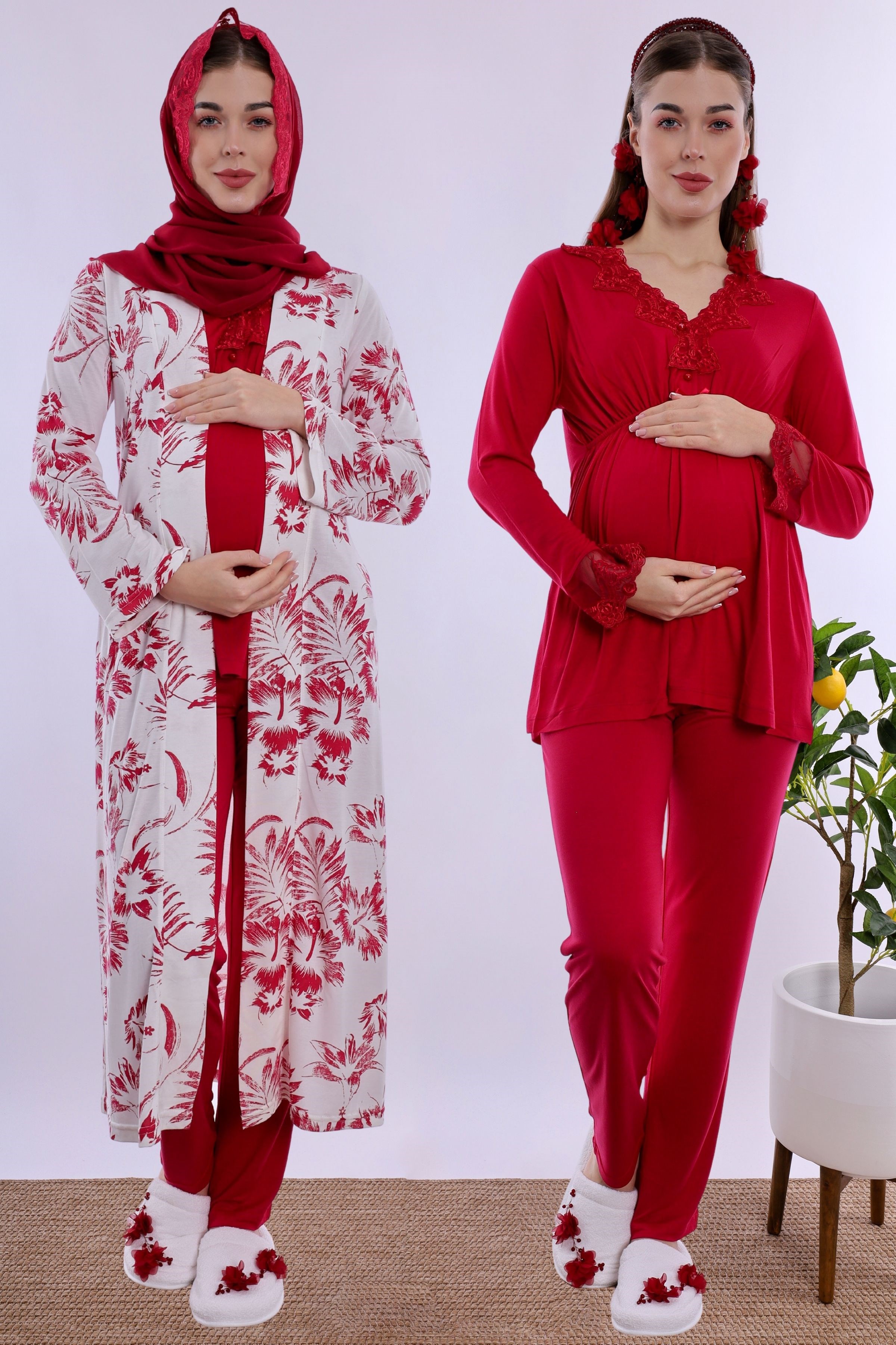 2T80942 Tesettürlü Rahat Kalıp Sabahlıklı Hamile Lohusa Pijama Takımı - Vişne