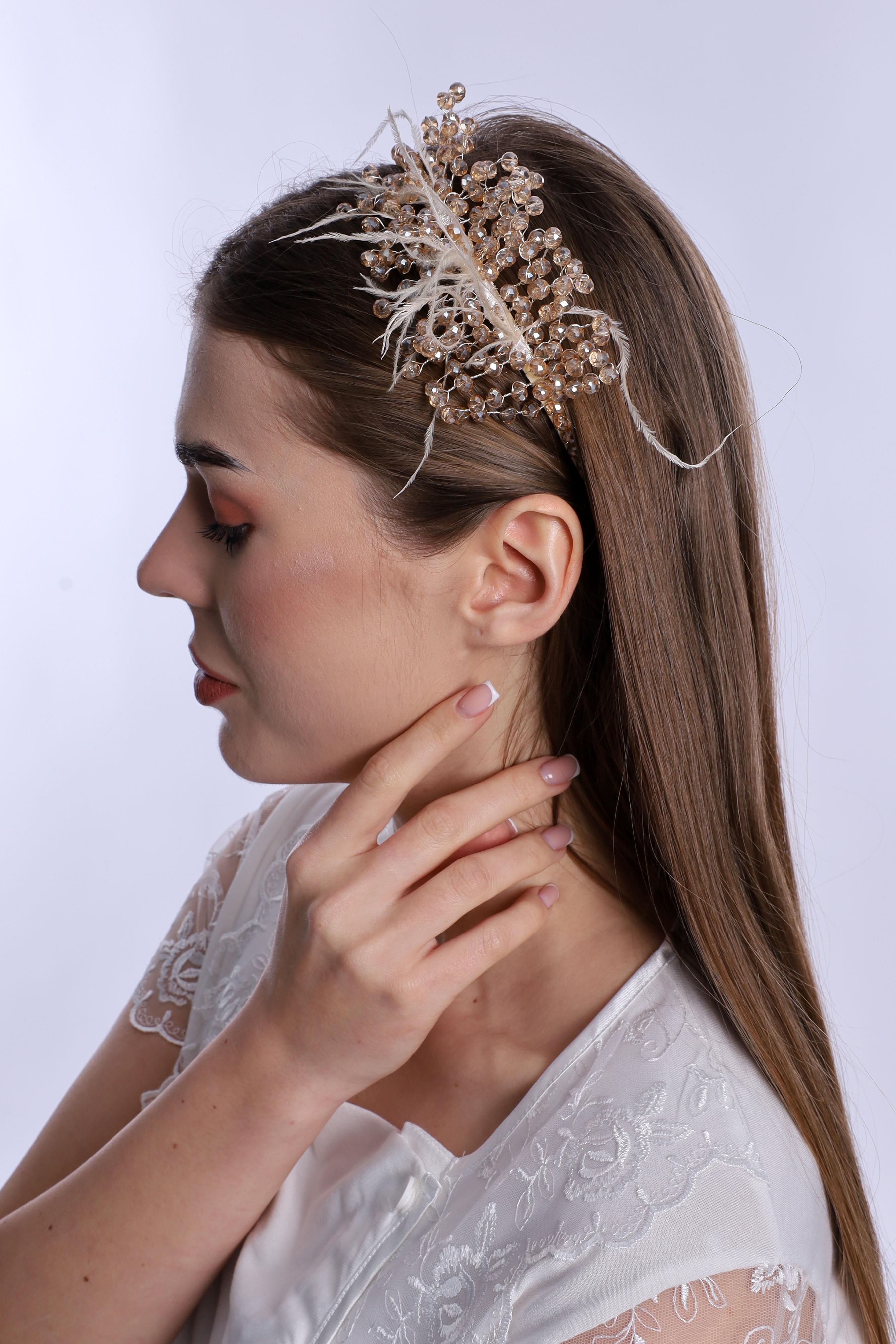 ByLohusa 1015 Bej İnci Taşlı Lohusa Taç