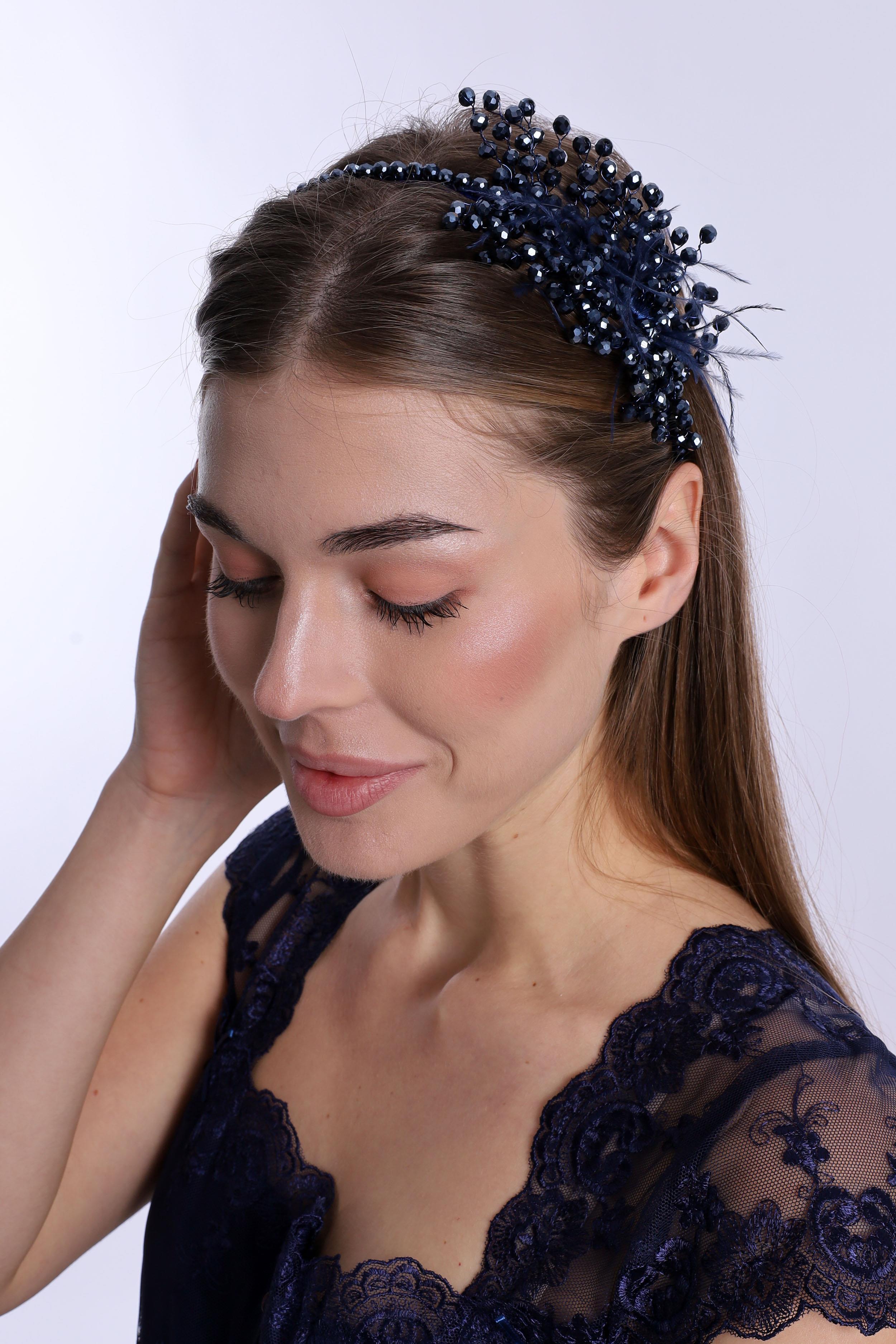 ByLohusa 1015 Lacivert İnci Taşlı Lohusa Taç