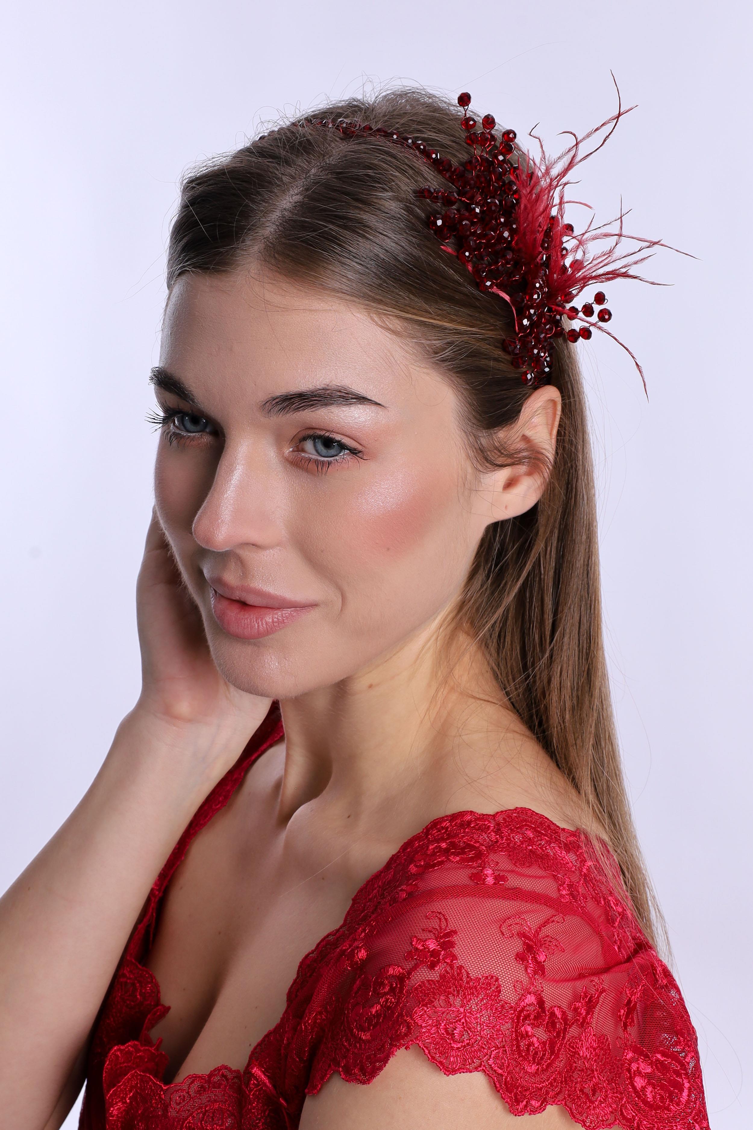 ByLohusa 1015 Vişne İnci Taşlı Lohusa Taç