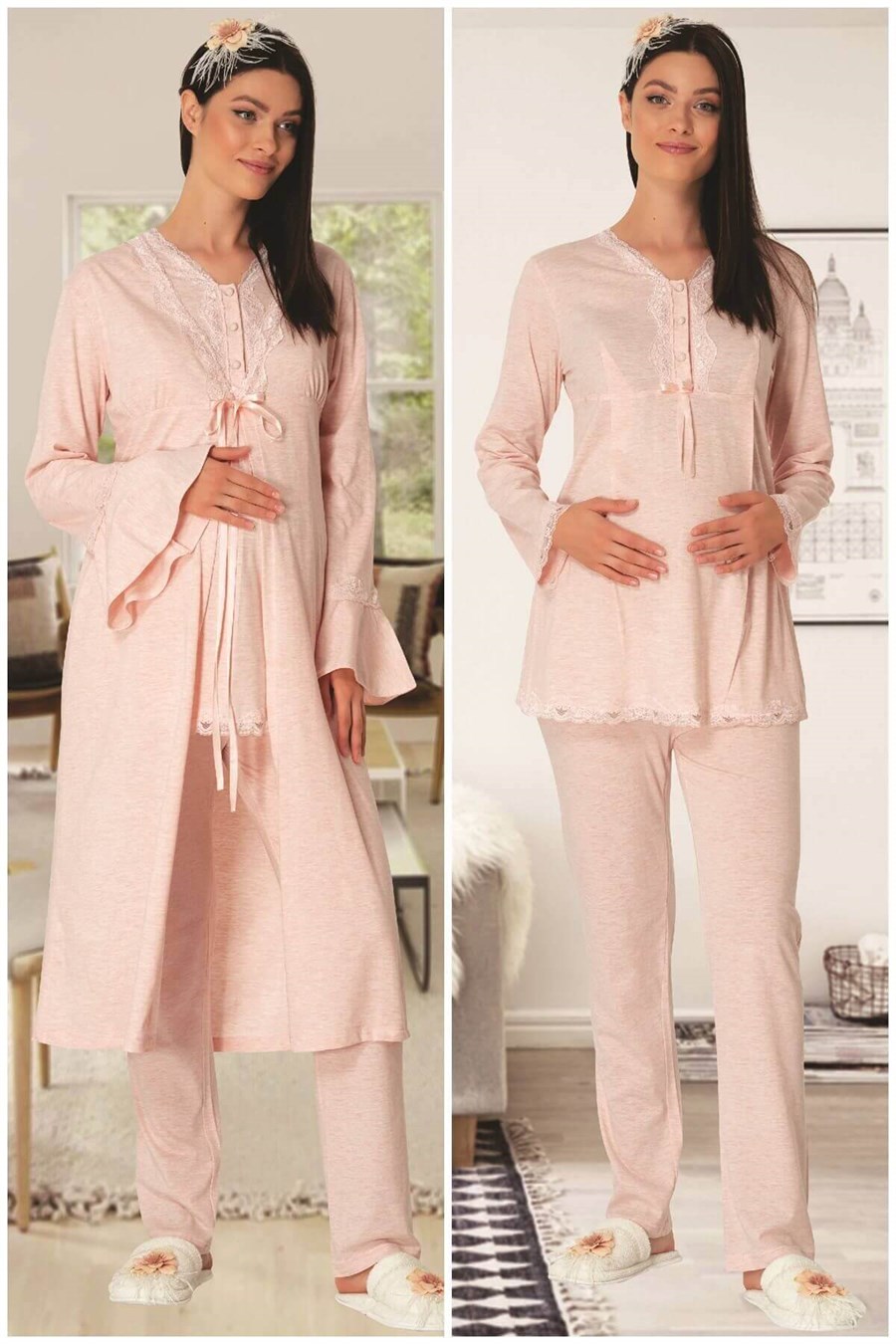CarpeDiem 1520 Pudra Sabahlıklı Hamile Lohusa Pijama Takımı