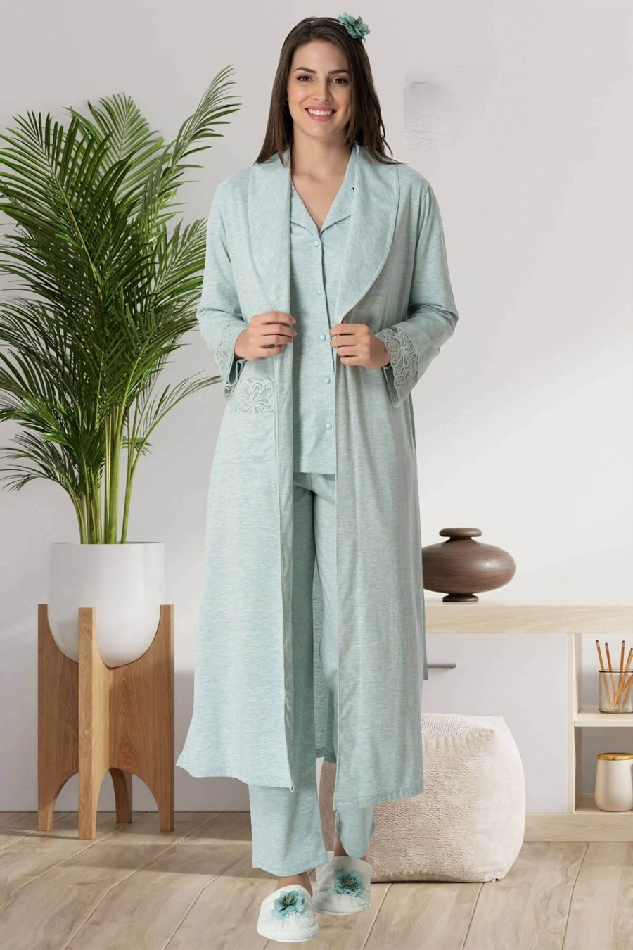 CarpeDiem 1547 Turkuaz Sabahlıklı Lohusa Pijama Takımı