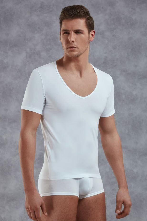 Doreanse 2820 Beyaz Erkek Modal Derin V Yaka Kısa Kol Tişört