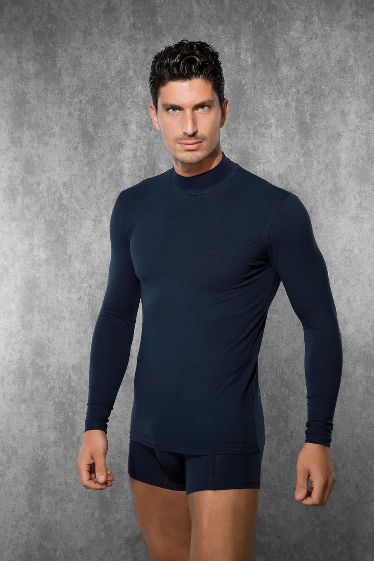 Doreanse 2930 Lacivert Erkek Modal Boğazlı Yaka Uzun Kol Tişört