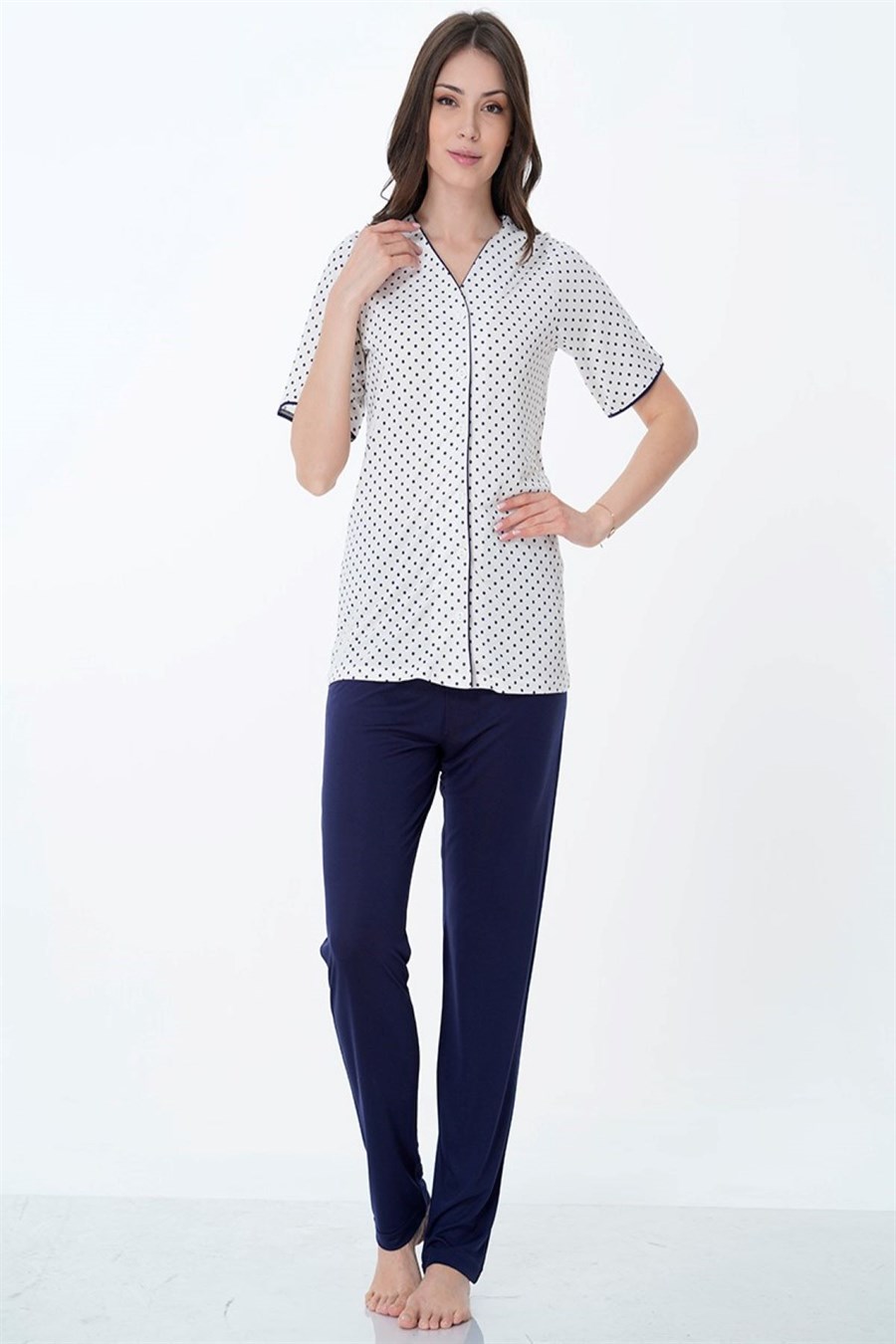 Effortt 1042 Lacivert Önden Düğmeli Kısa Kol Hamile Lohusa Pijama Takımı