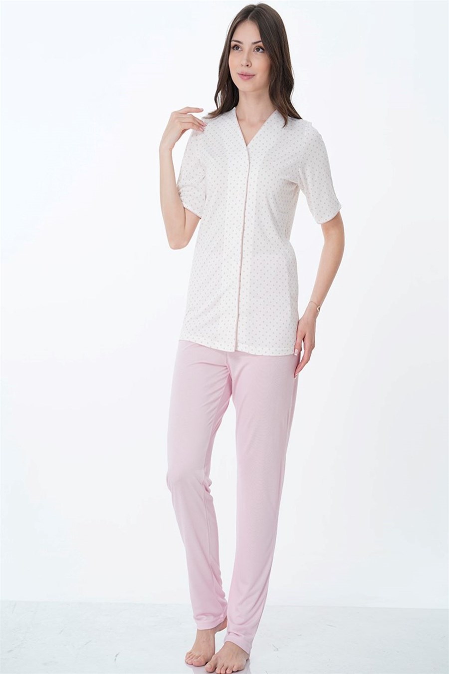 Effortt 1042 Pembe Önden Düğmeli Kısa Kol Hamile Lohusa Pijama Takımı