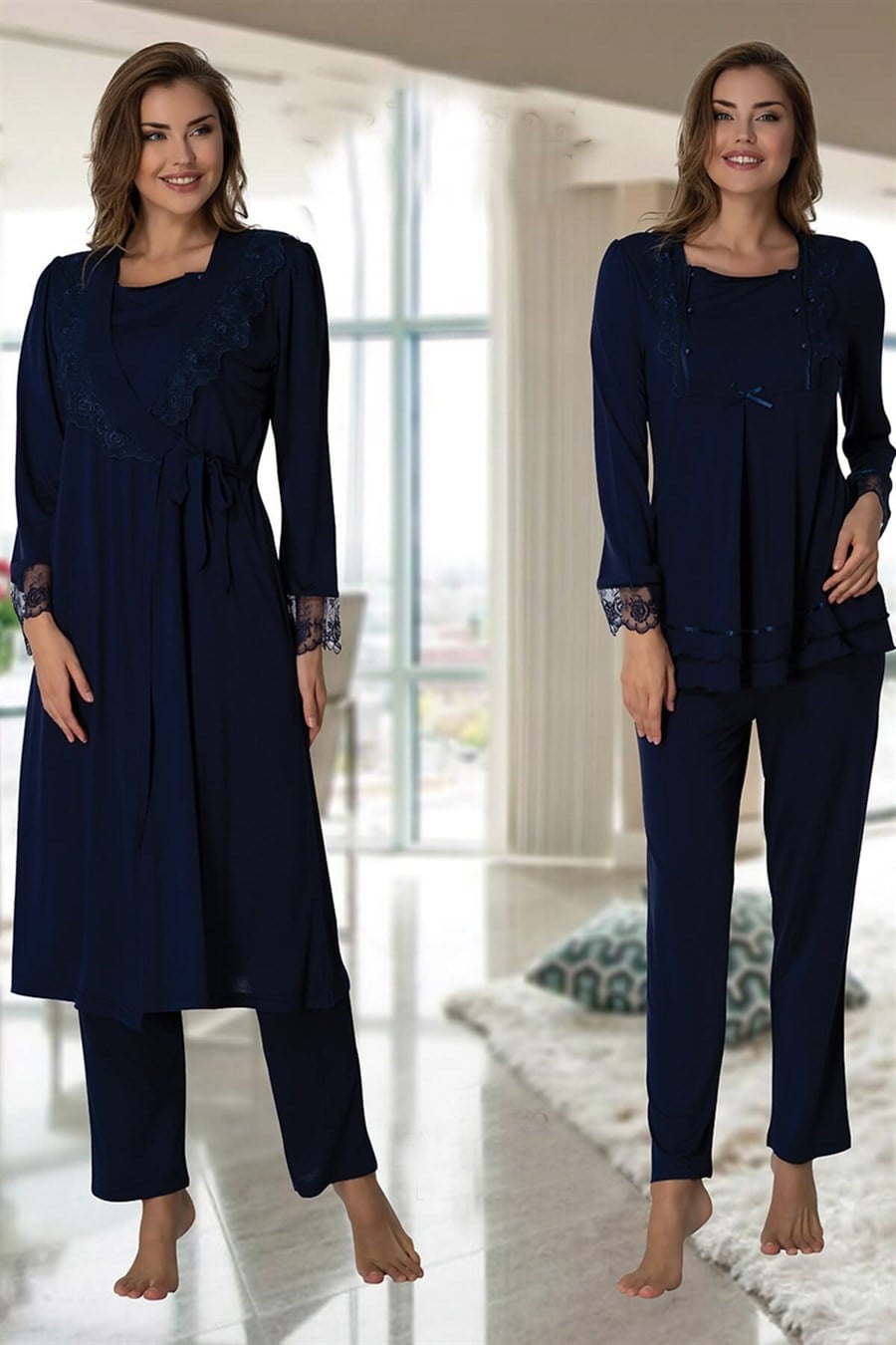 Effortt 2018 Lacivert Sabahlıklı Lohusa Pijama Takımı