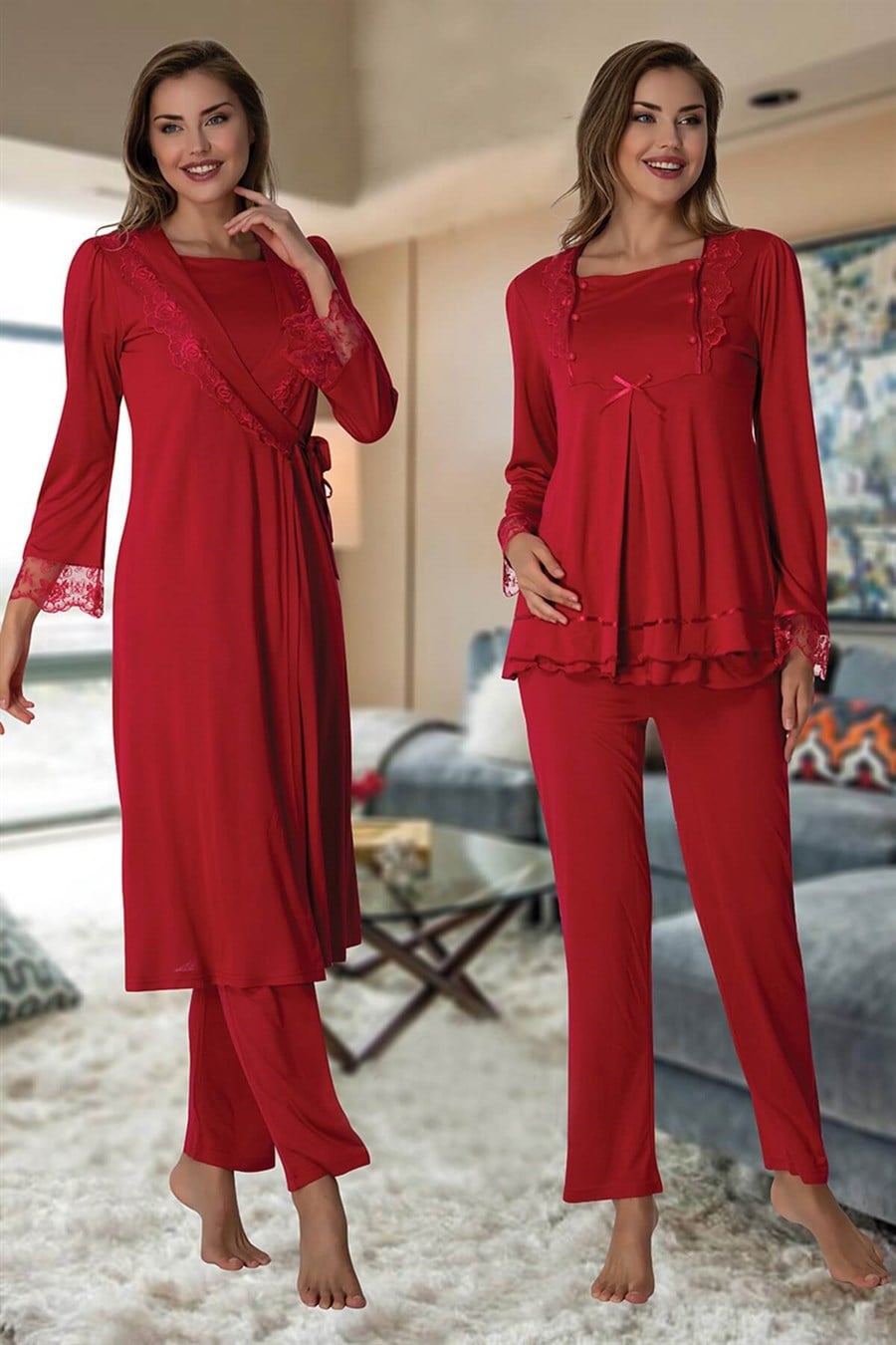 Effortt 2018 Vişne Sabahlıklı Lohusa Pijama Takımı