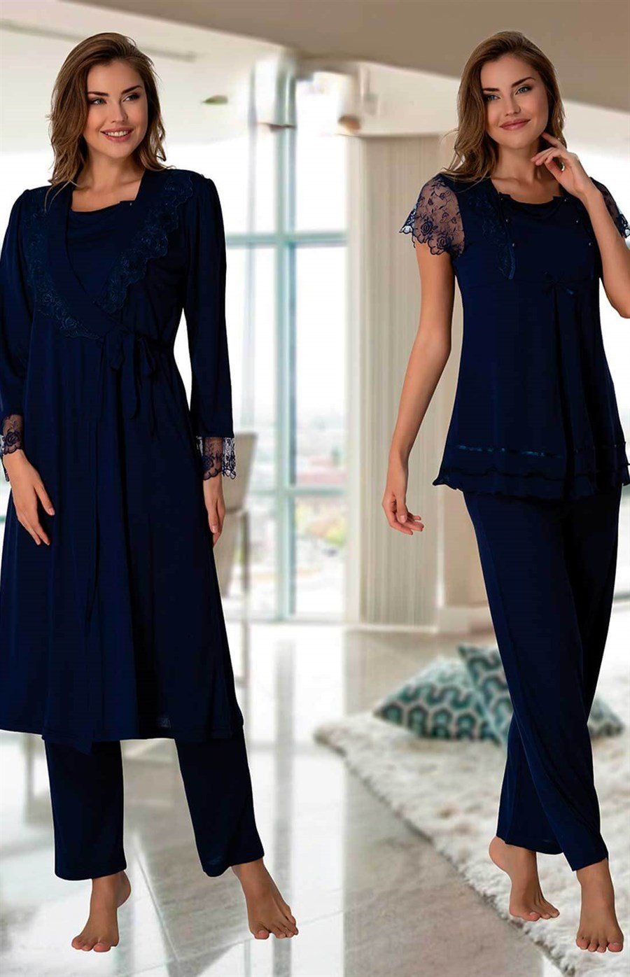 Effortt 2054 Lacivert Sabahlıklı Lohusa Pijama Takımı