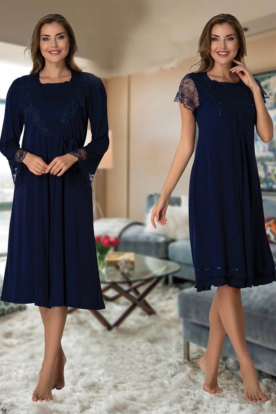 Effortt 2055 Lacivert Sabahlıklı Lohusa Gecelik Takım