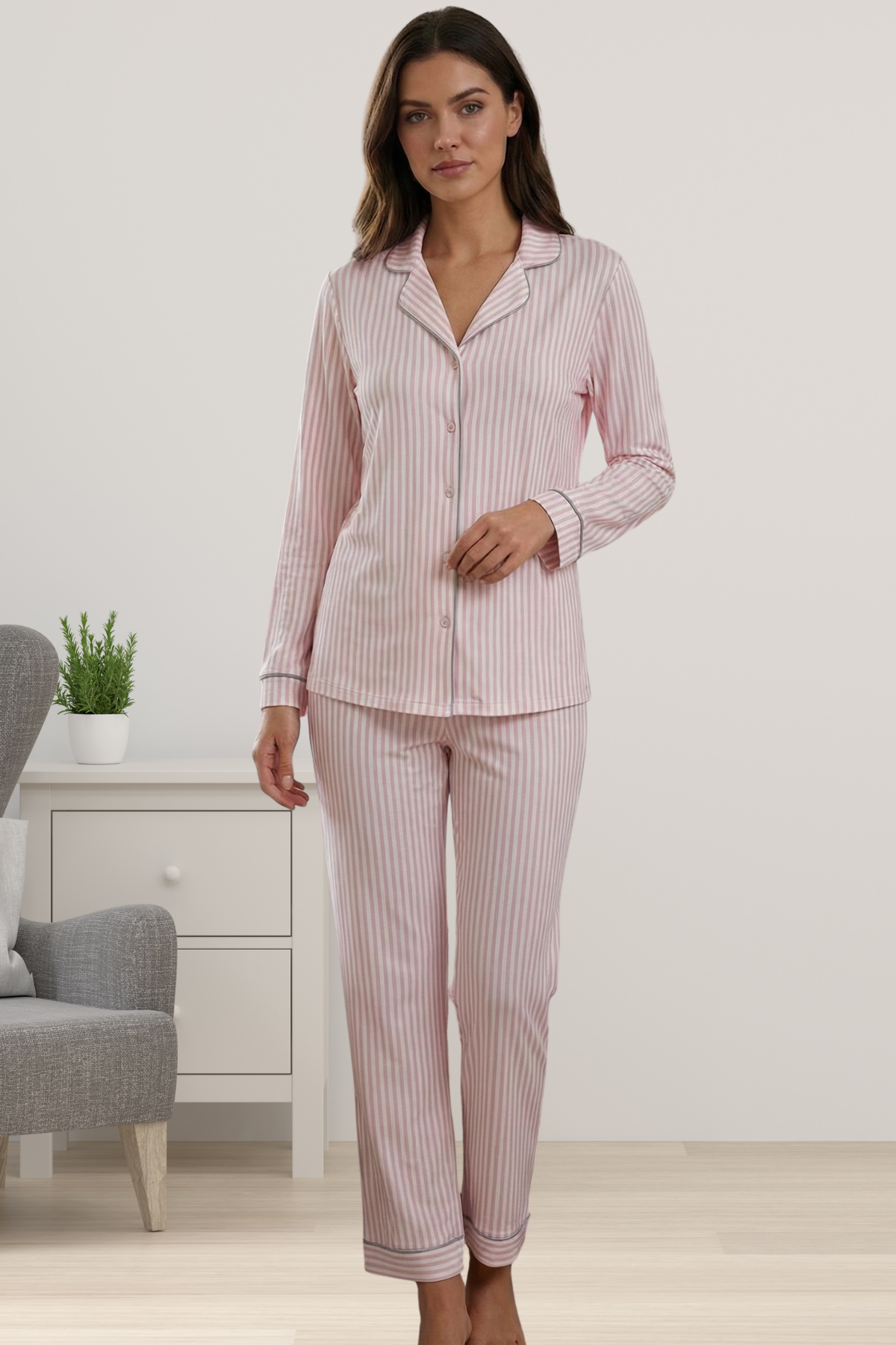 Effortt 2067 Pembe Önden Düğmeli Uzun Kol Kadın Pijama Takımı