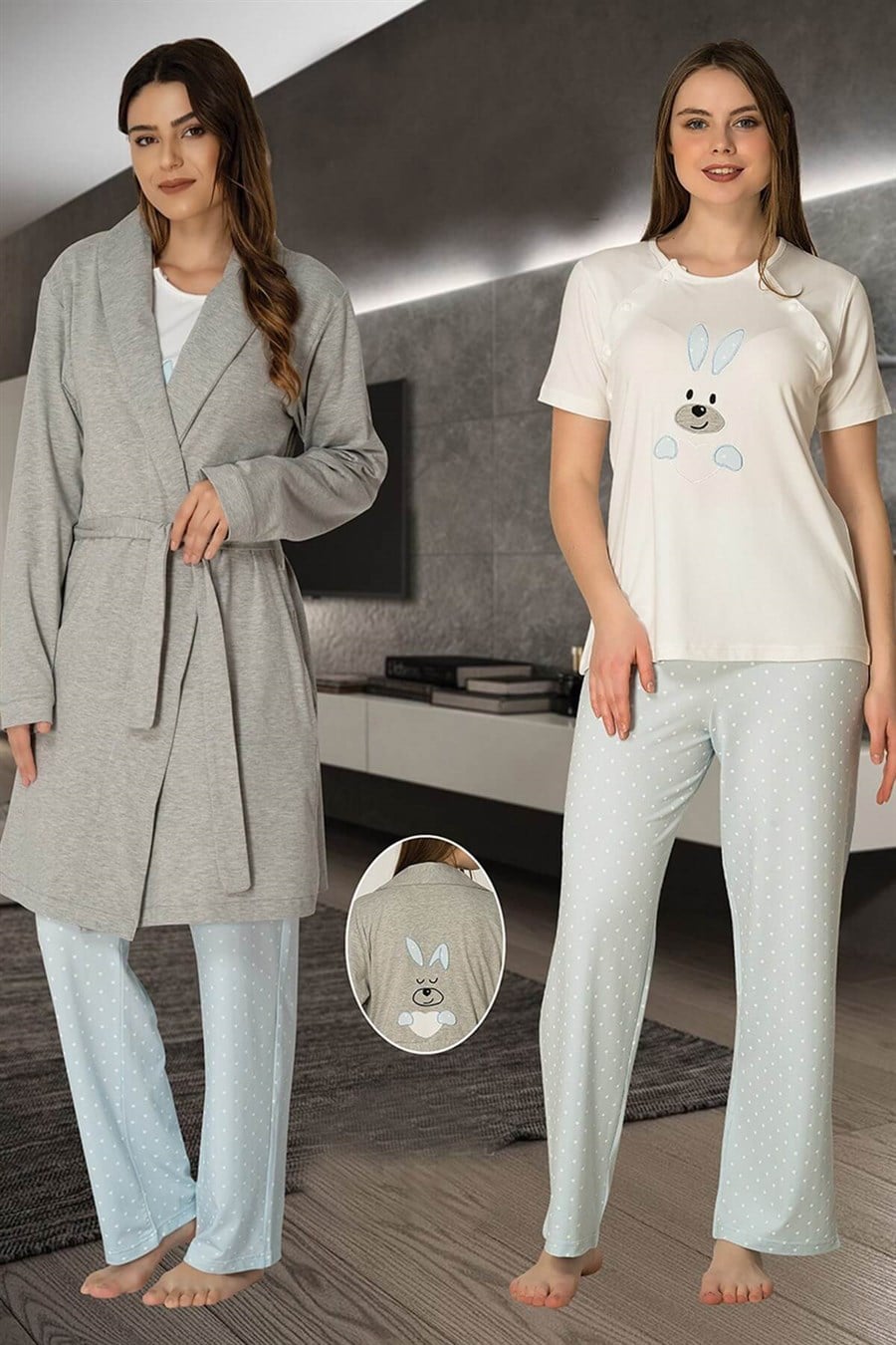 Effortt 2070 Mavi Sabahlıklı Lohusa Pijama Takımı