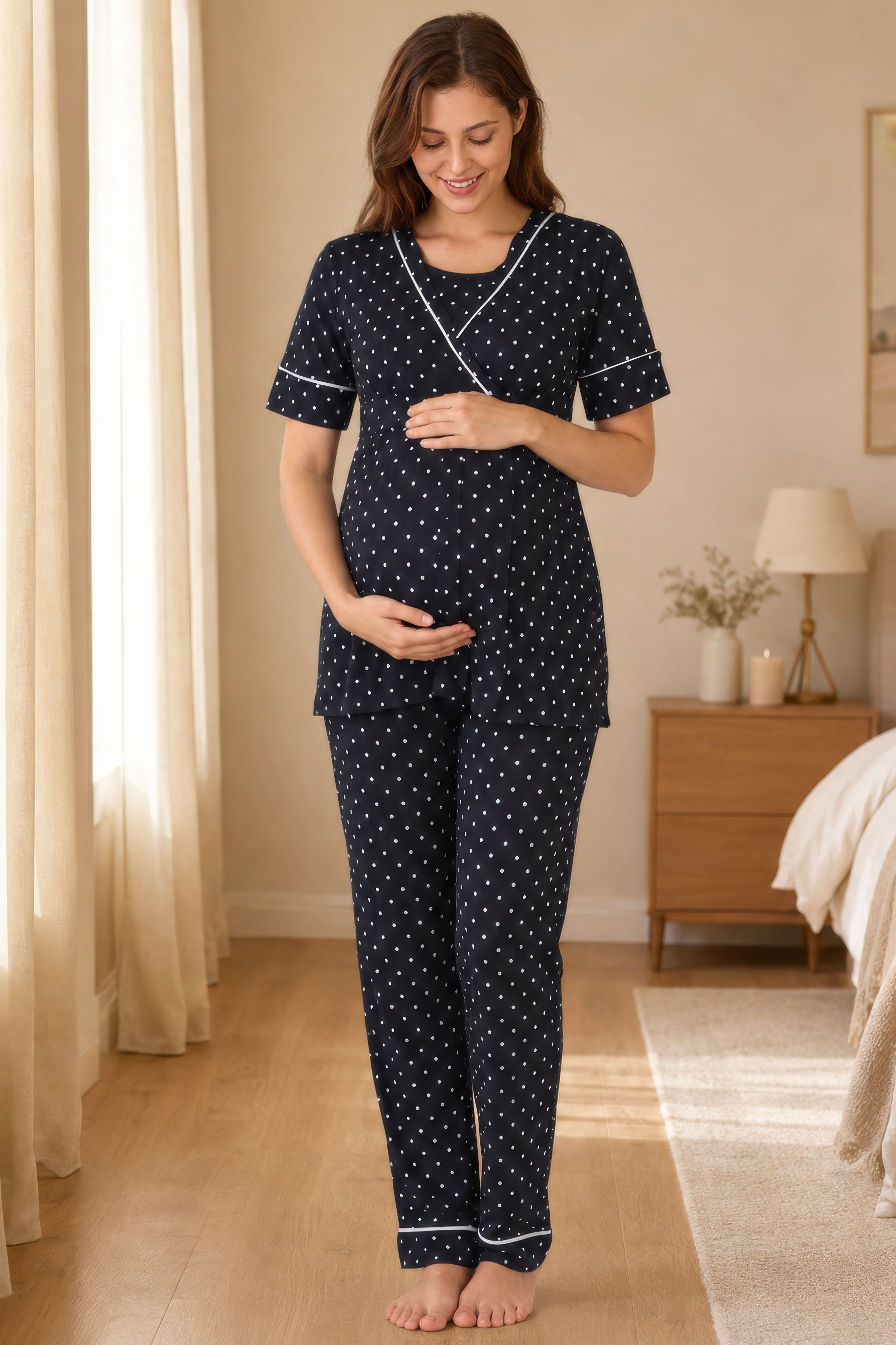 Effortt 2082 Siyah Puantiyeli Emzirme Özellikli Hamile Lohusa Pijama Takımı