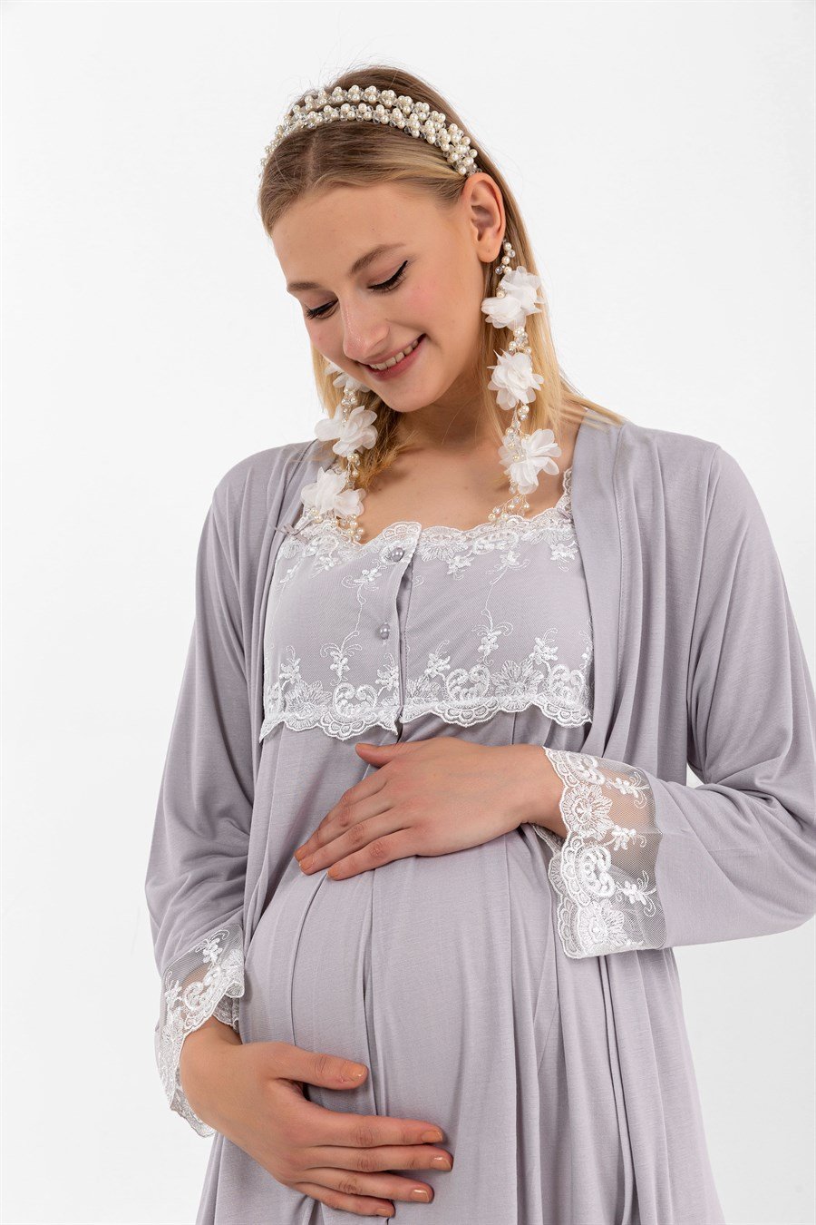 Effortt 22302 Gri Sabahlıklı Hamile Lohusa Gecelik Takım