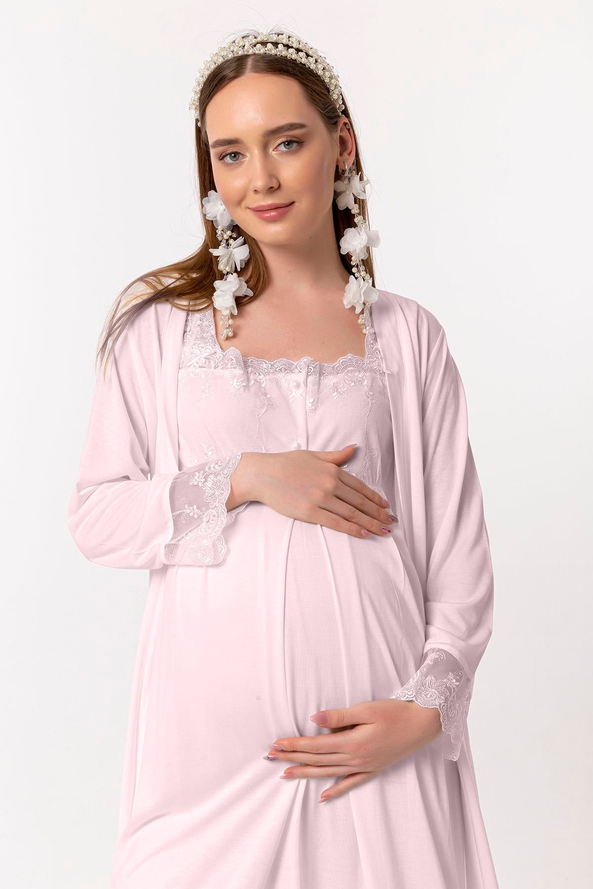 Effortt 22302 Pembe Sabahlıklı Hamile Lohusa Gecelik Takım
