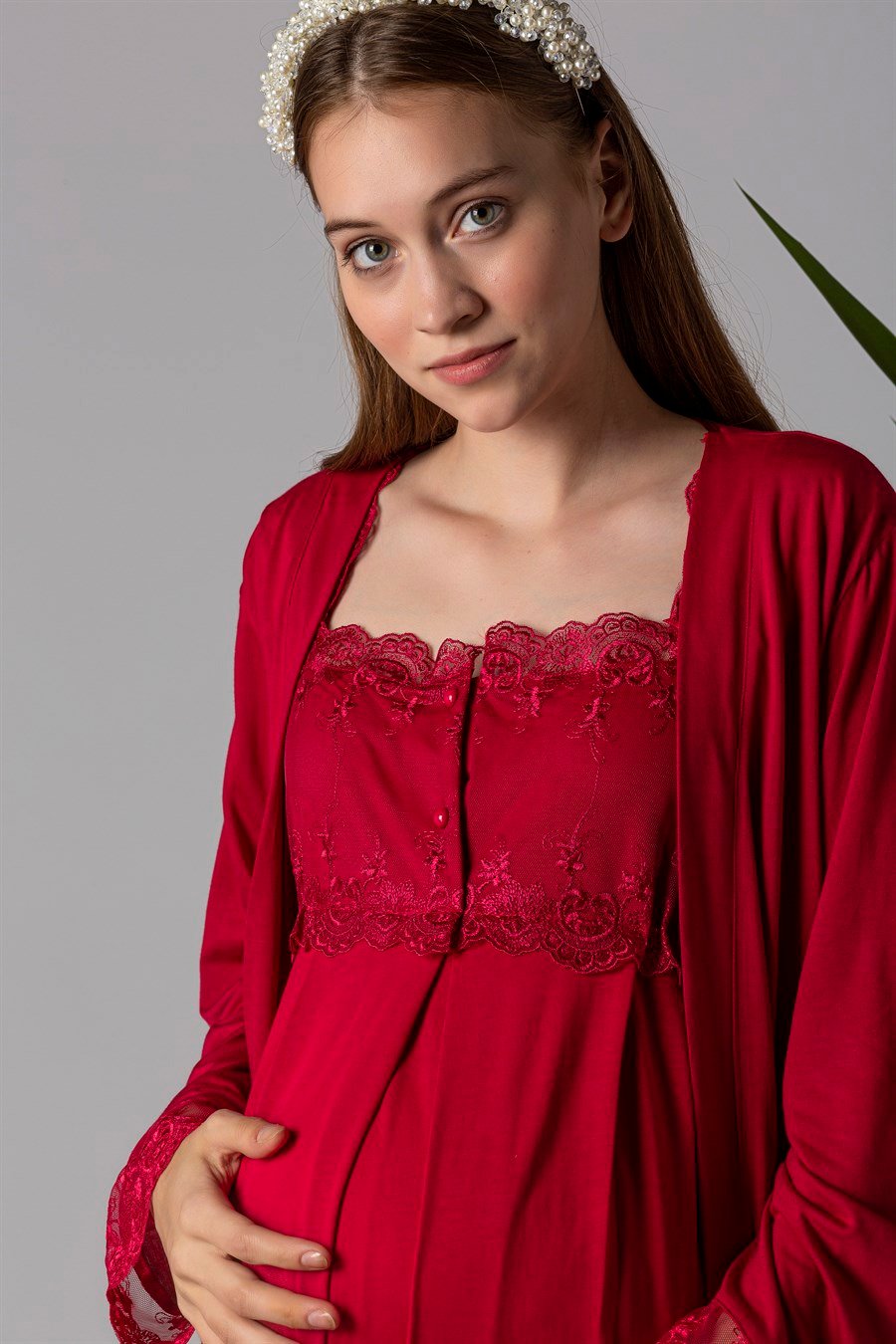 Effortt 22302 Vişne Sabahlıklı Hamile Lohusa Gecelik Takım