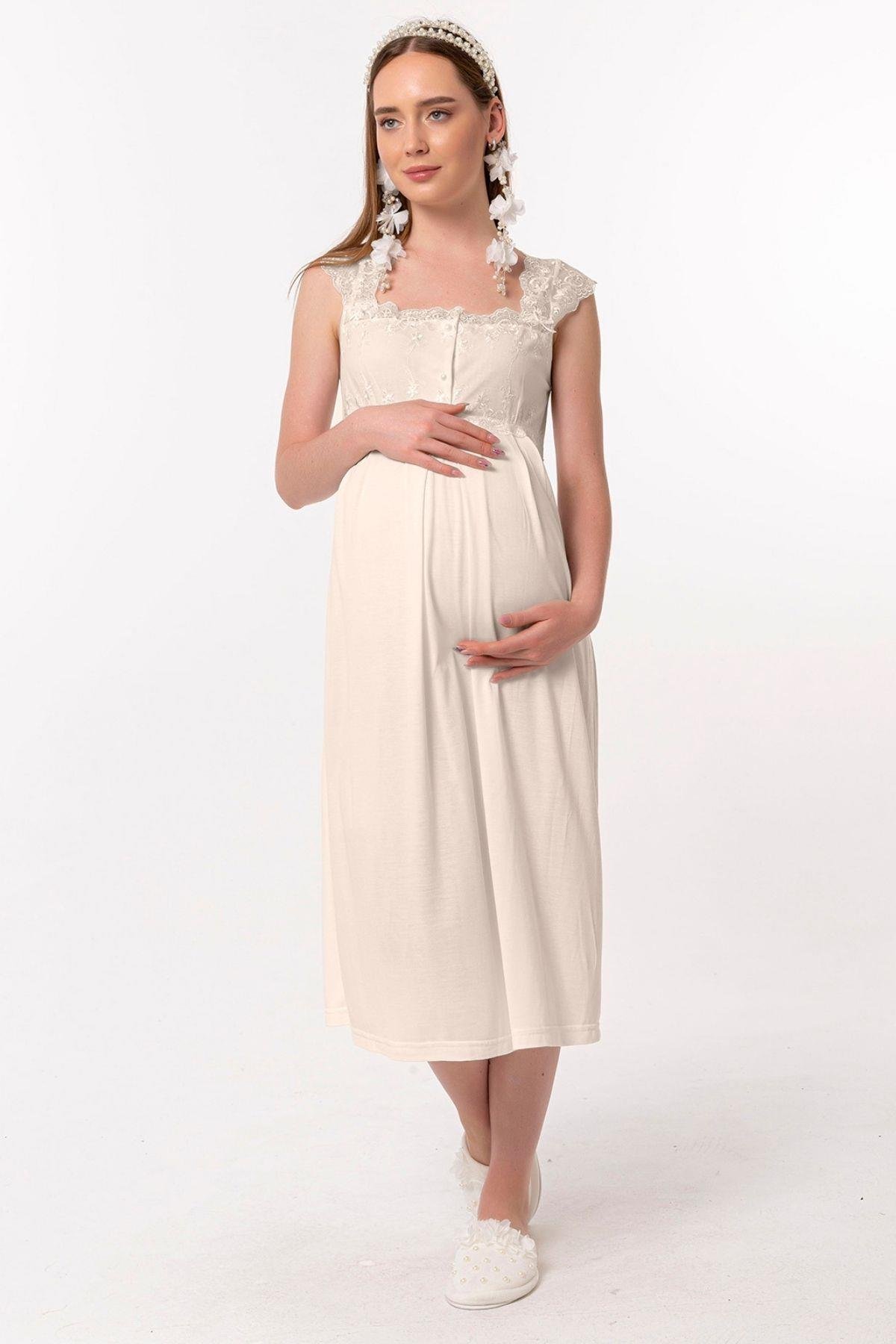 Effortt 22304 Kahverengi Dantelli Hamile Lohusa Gecelik