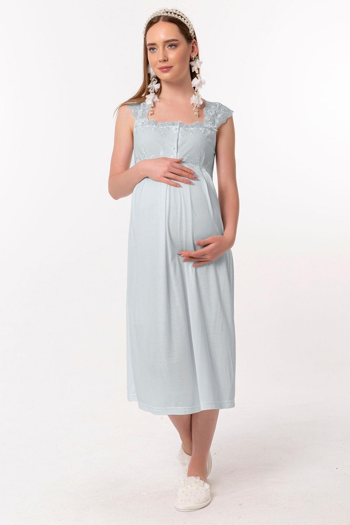 Effortt 22304 Mavi Dantelli Hamile Lohusa Gecelik