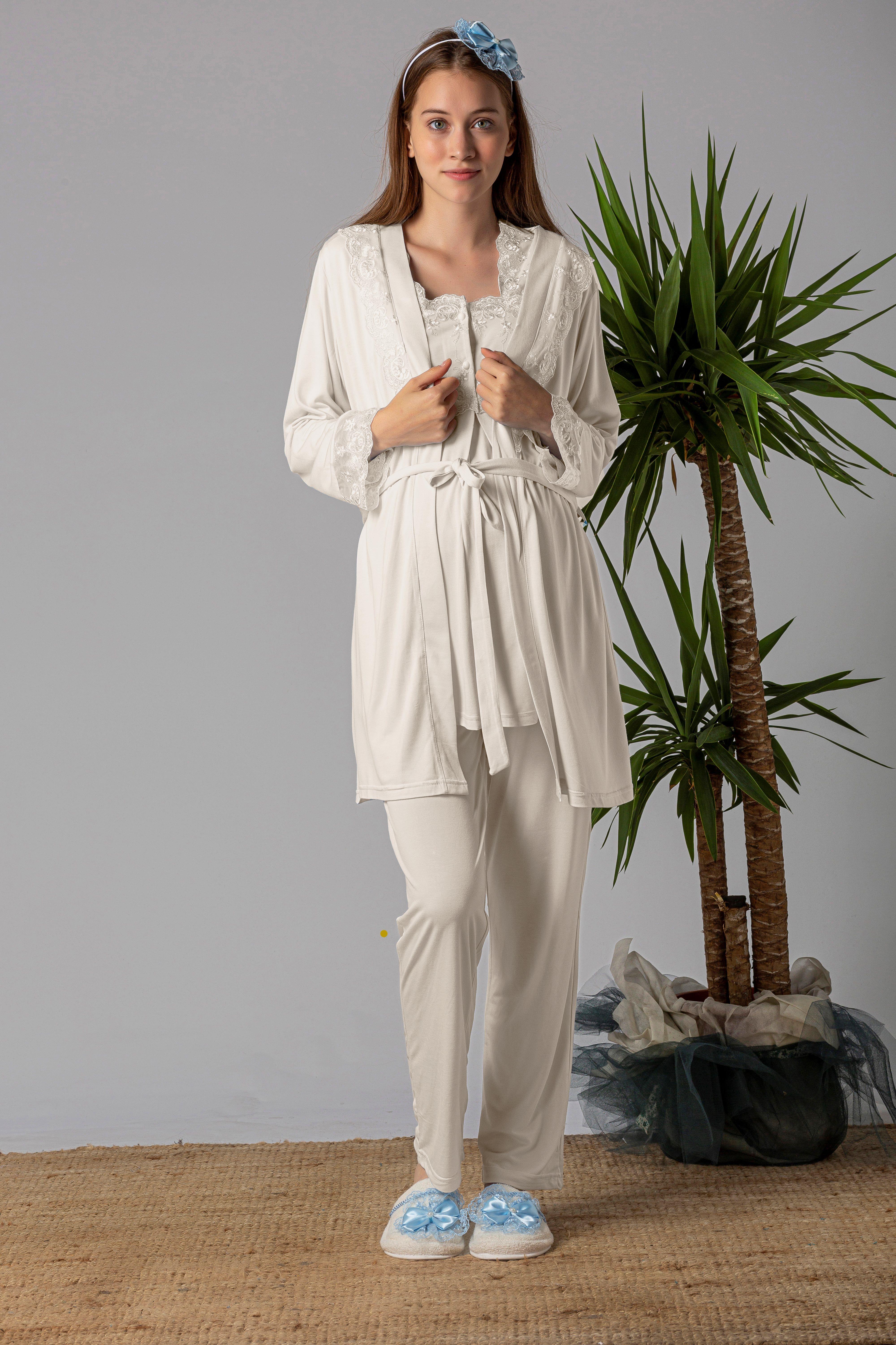 Effortt 22401 Ekru Sabahlıklı Hamile Lohusa Pijama Takımı
