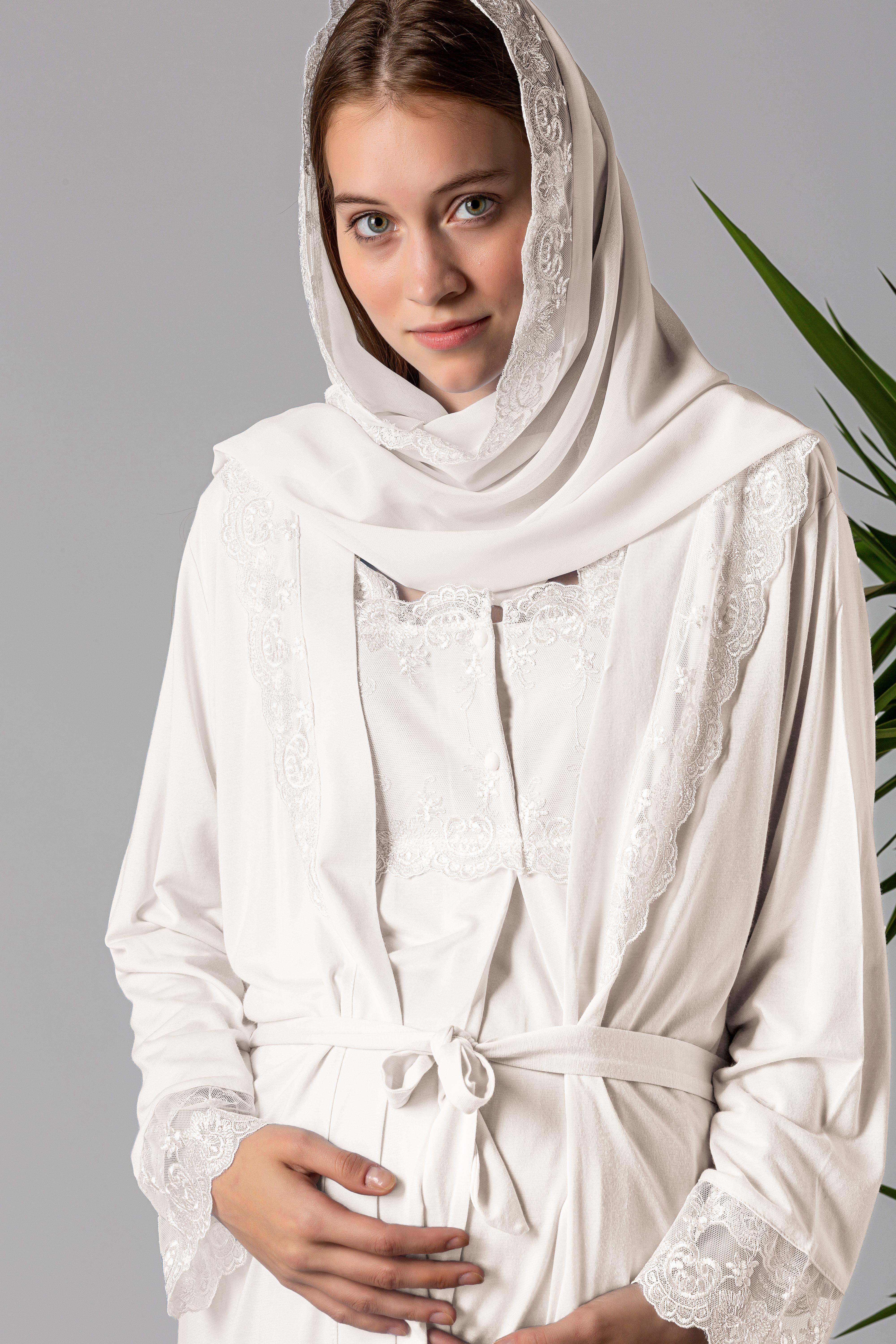 Effortt 22401 Ekru Tesettürlü Sabahlıklı Hamile Lohusa Pijama Takımı