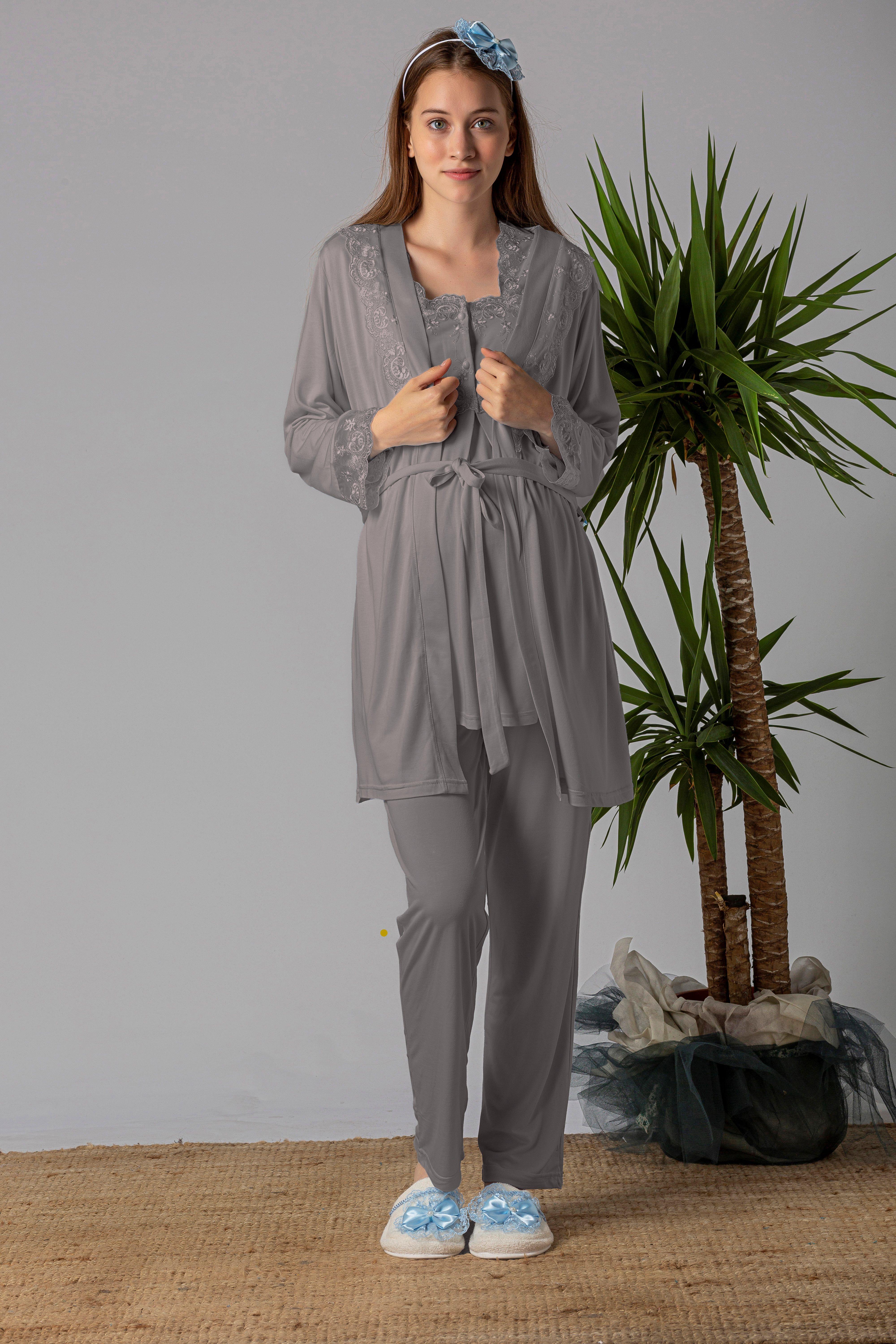 Effortt 22401 Füme Sabahlıklı Hamile Lohusa Pijama Takımı