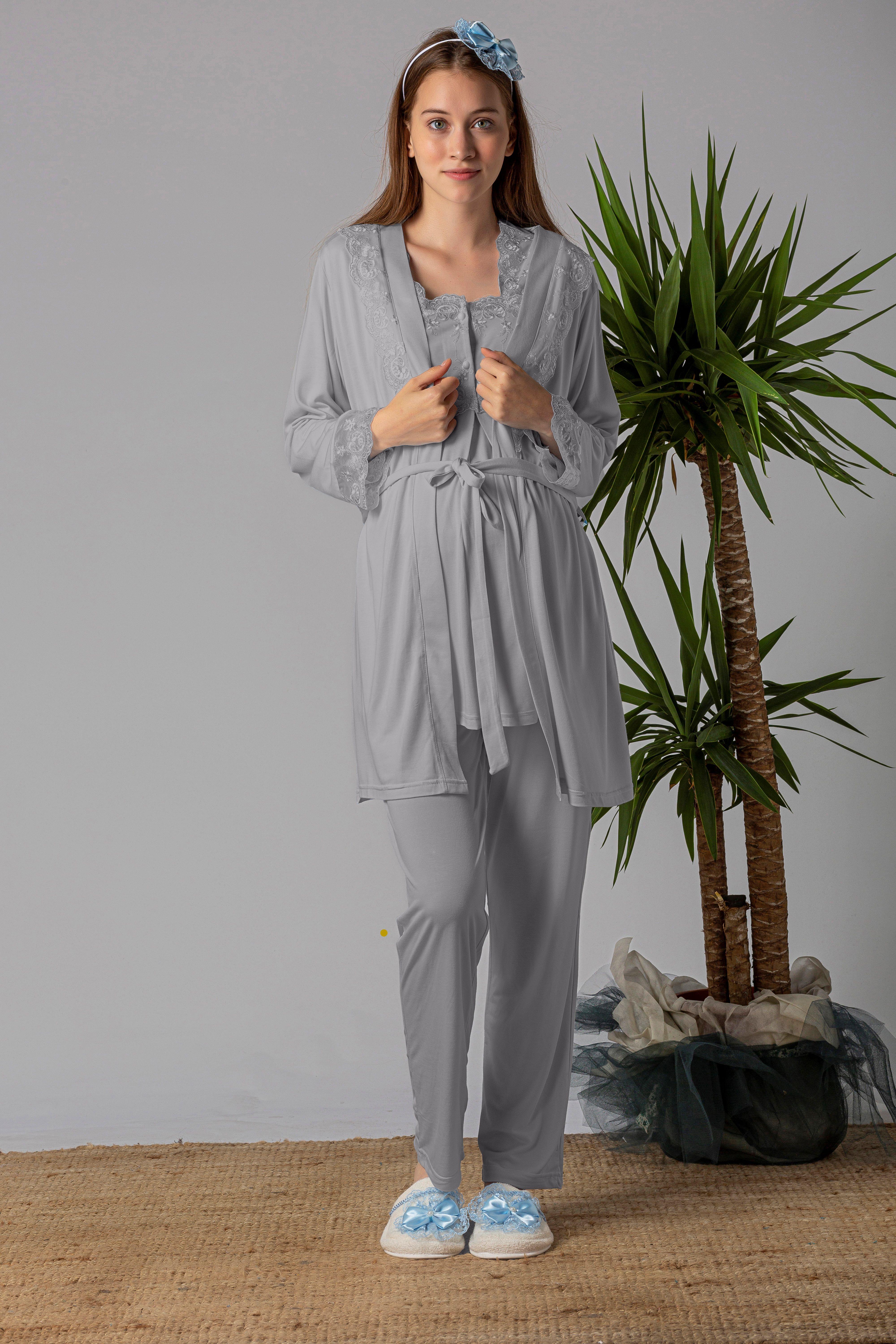 Effortt 22401 Gri Sabahlıklı Hamile Lohusa Pijama Takımı