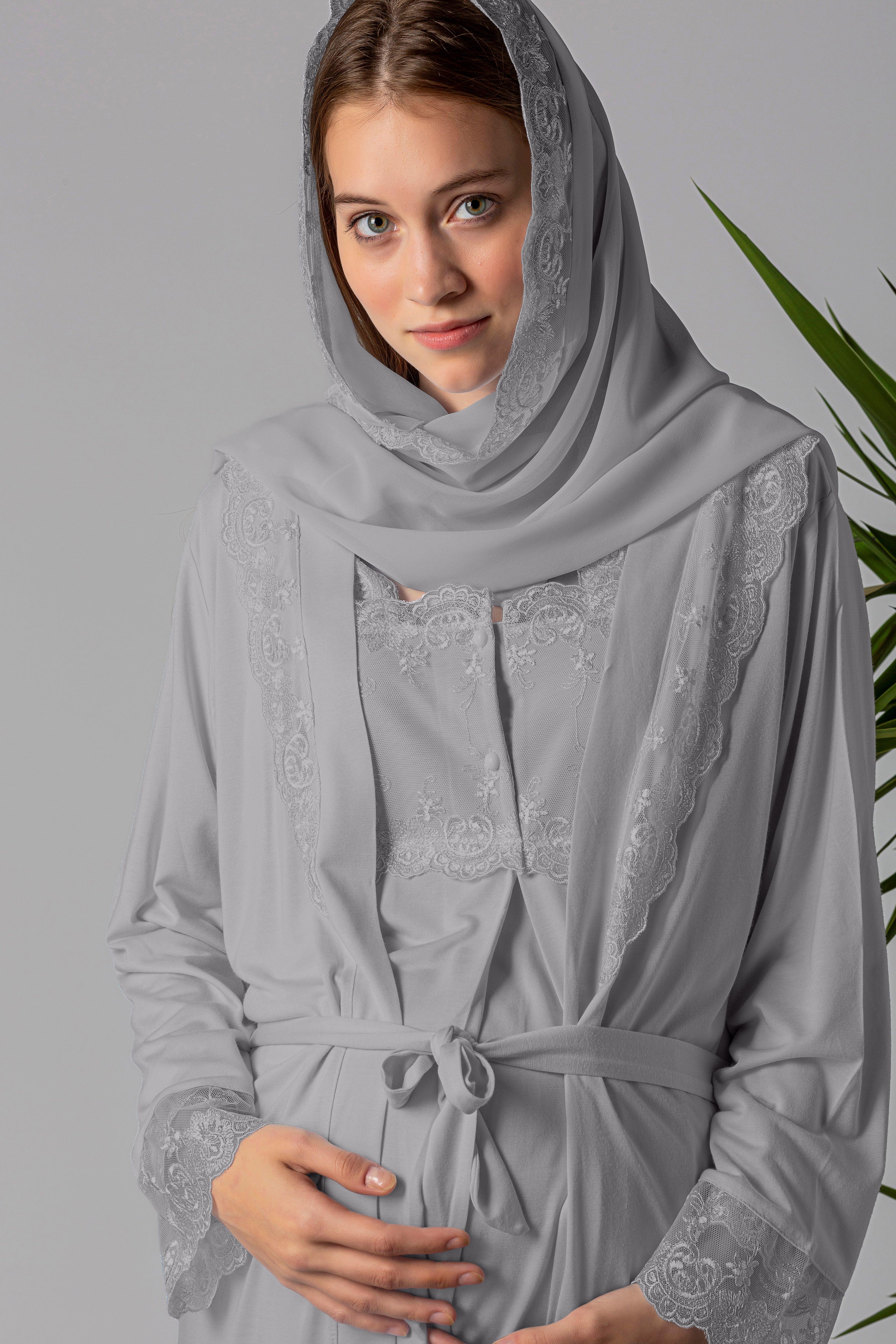 Effortt 22401 Gri Tesettürlü Sabahlıklı Hamile Lohusa Pijama Takımı