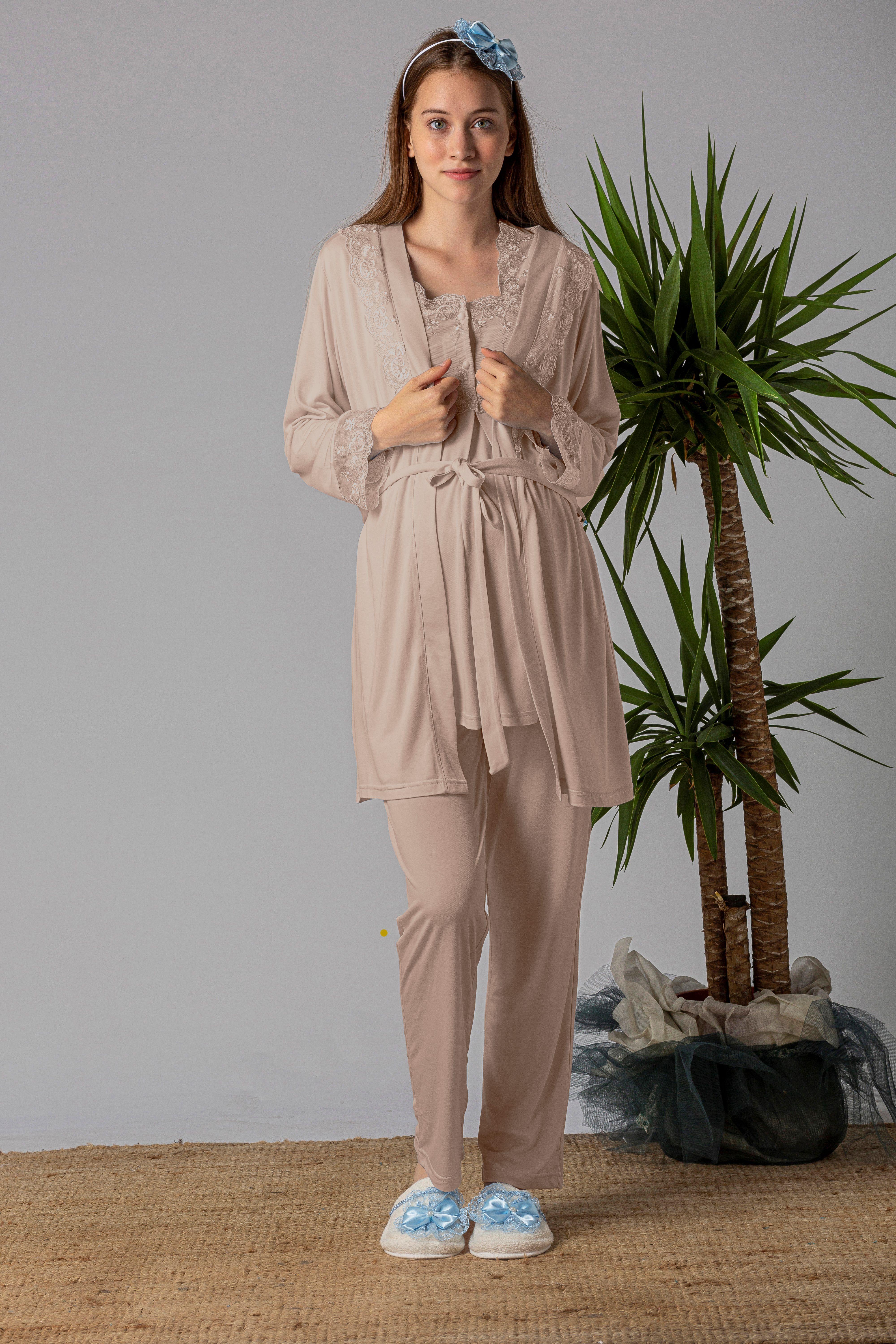 Effortt 22401 Kahverengi Sabahlıklı Hamile Lohusa Pijama Takımı