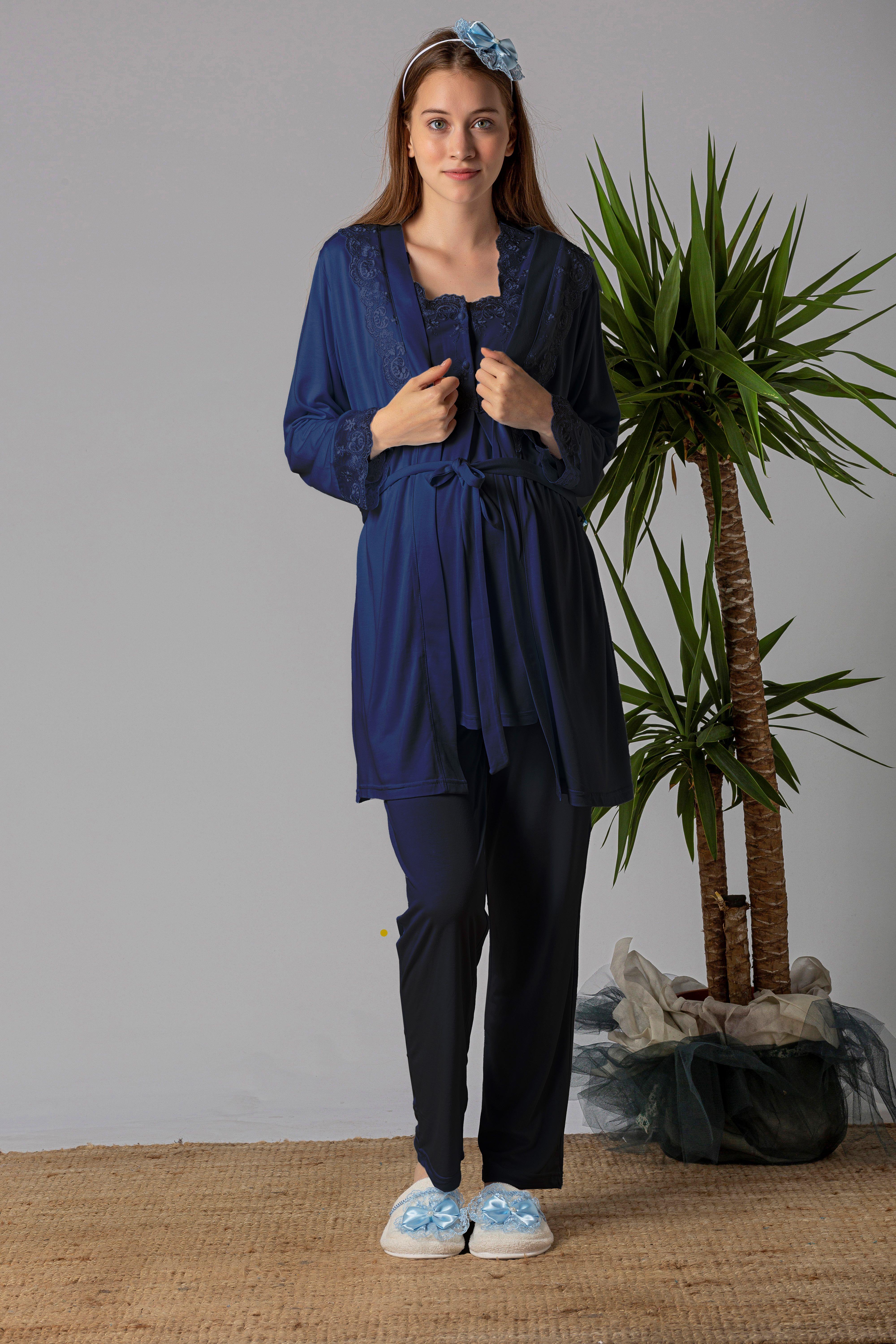 Effortt 22401 Lacivert Sabahlıklı Hamile Lohusa Pijama Takımı
