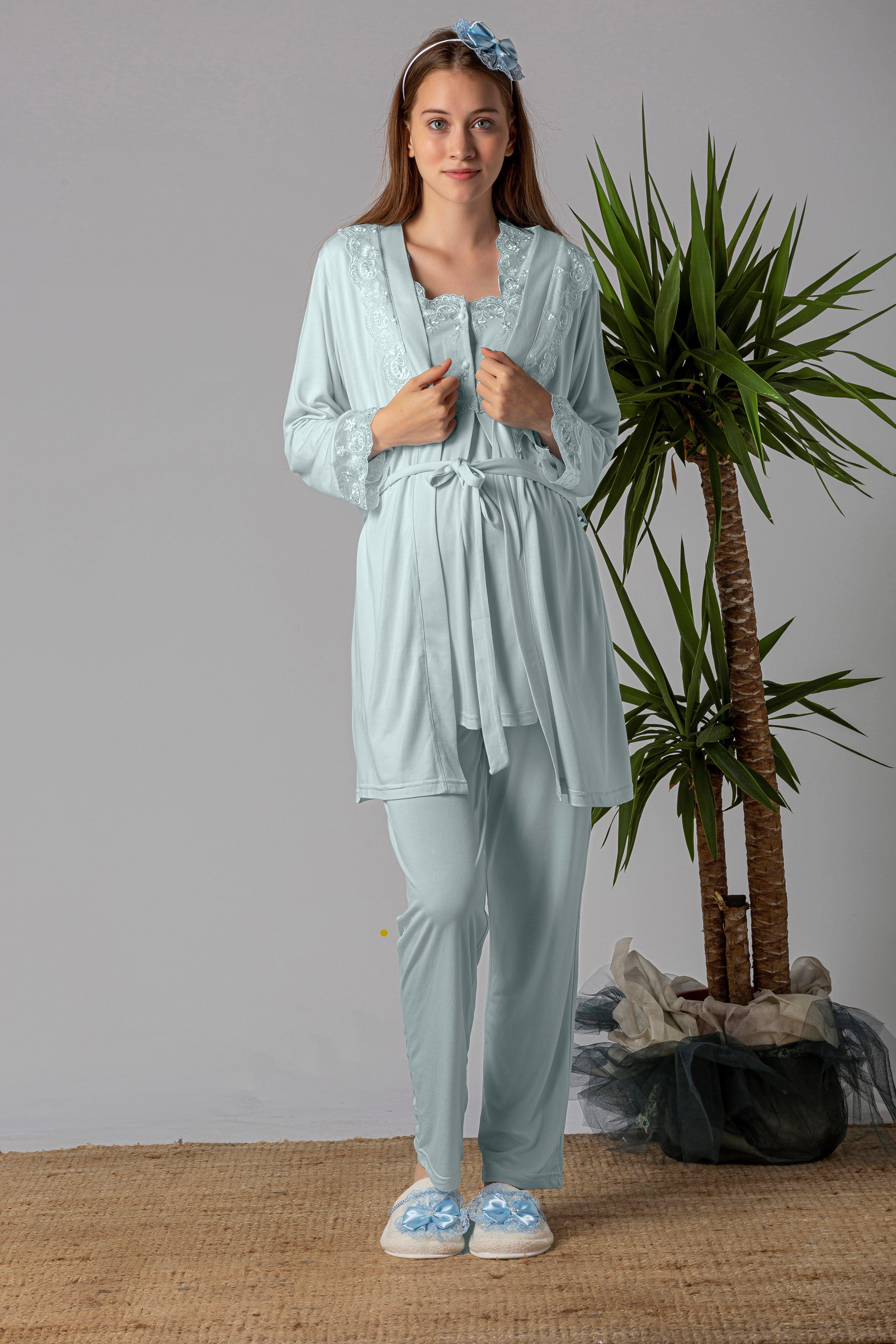 Effortt 22401 Turkuaz Sabahlıklı Hamile Lohusa Pijama Takımı
