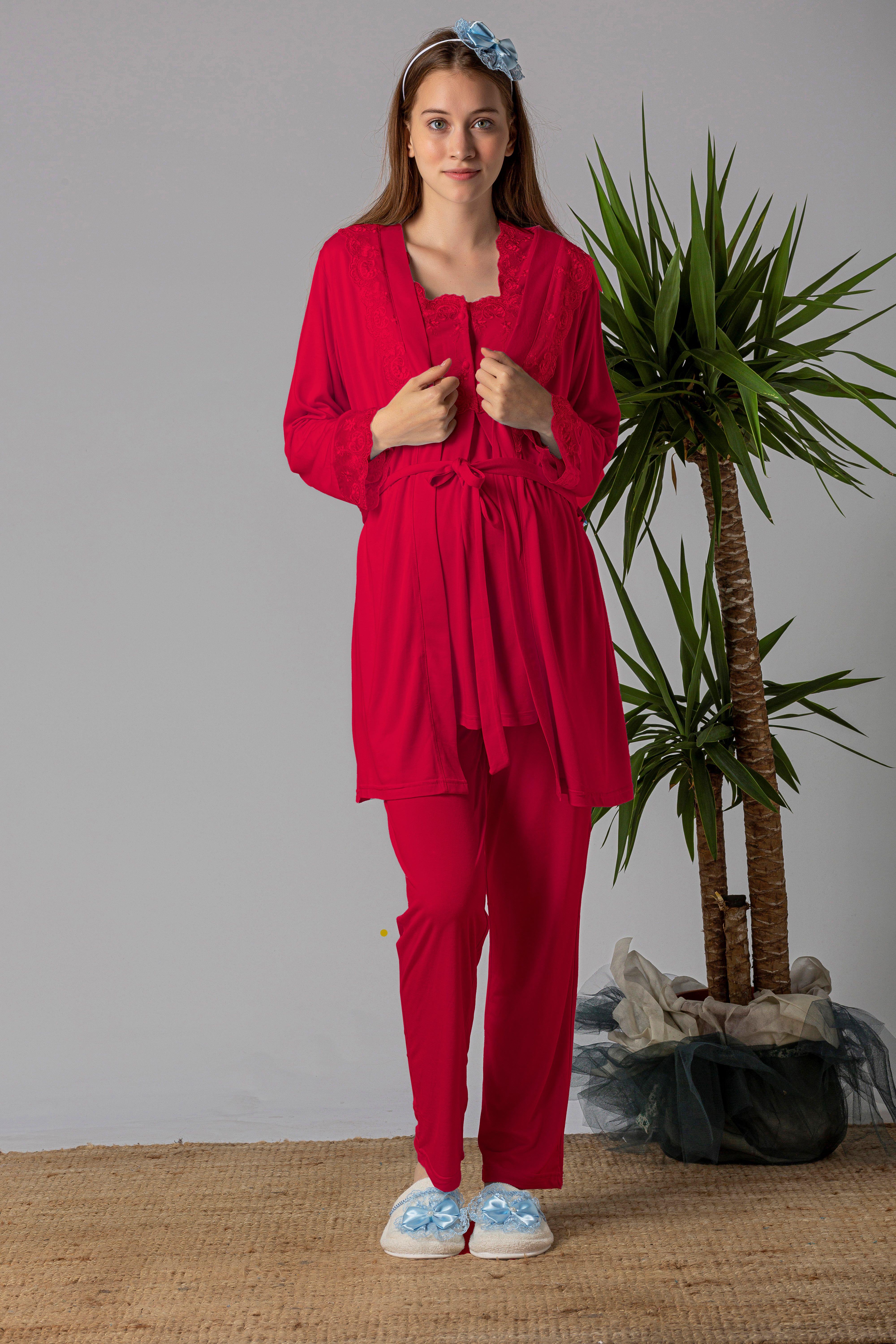 Effortt 22401 Vişne Sabahlıklı Hamile Lohusa Pijama Takımı