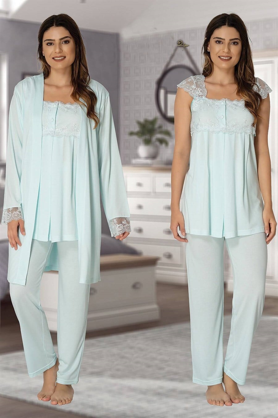 Effortt 2301 Turkuaz Sabahlıklı Lohusa Pijama Takımı