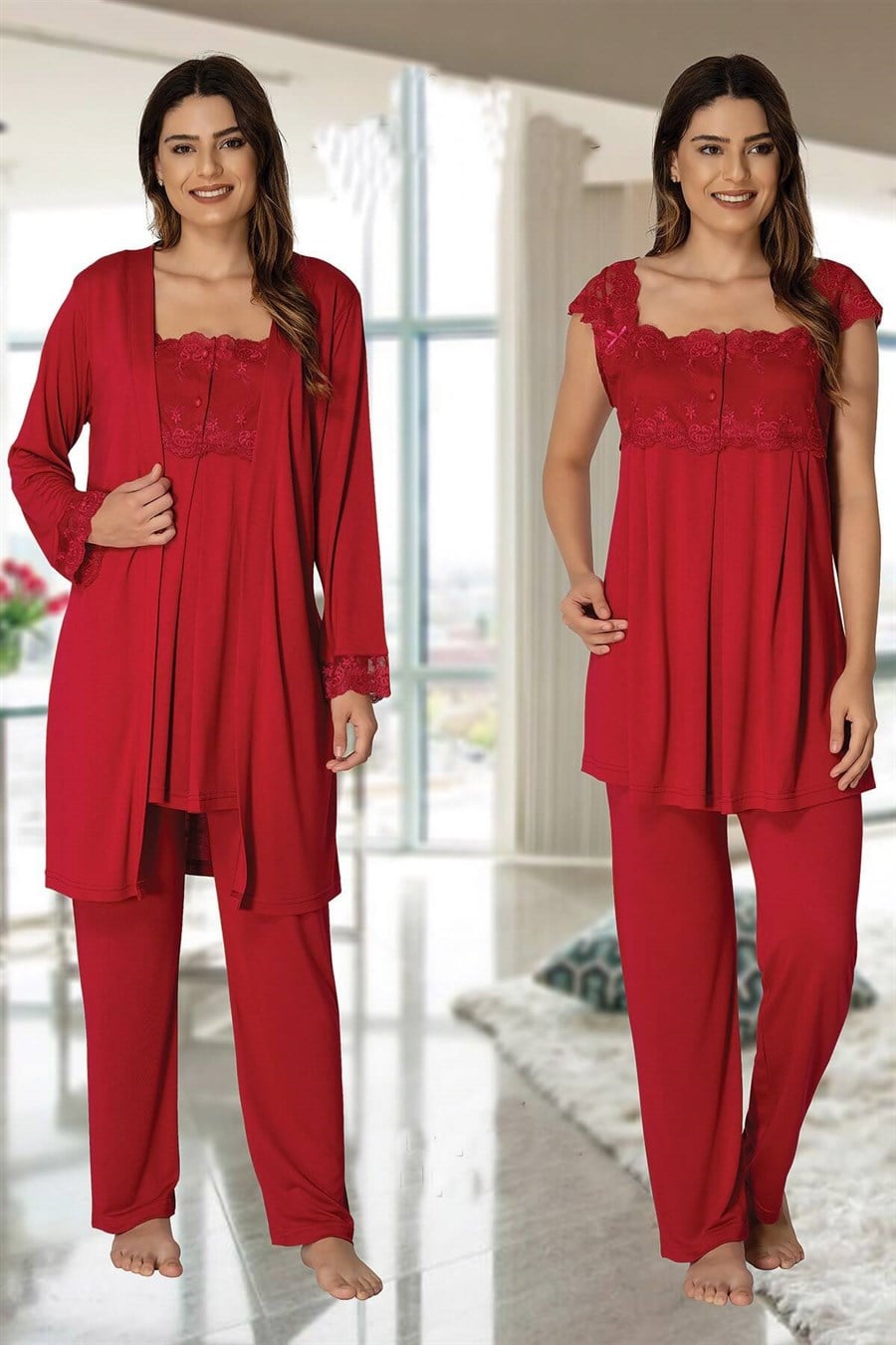Effortt 2301 Vişne Sabahlıklı Lohusa Pijama Takımı