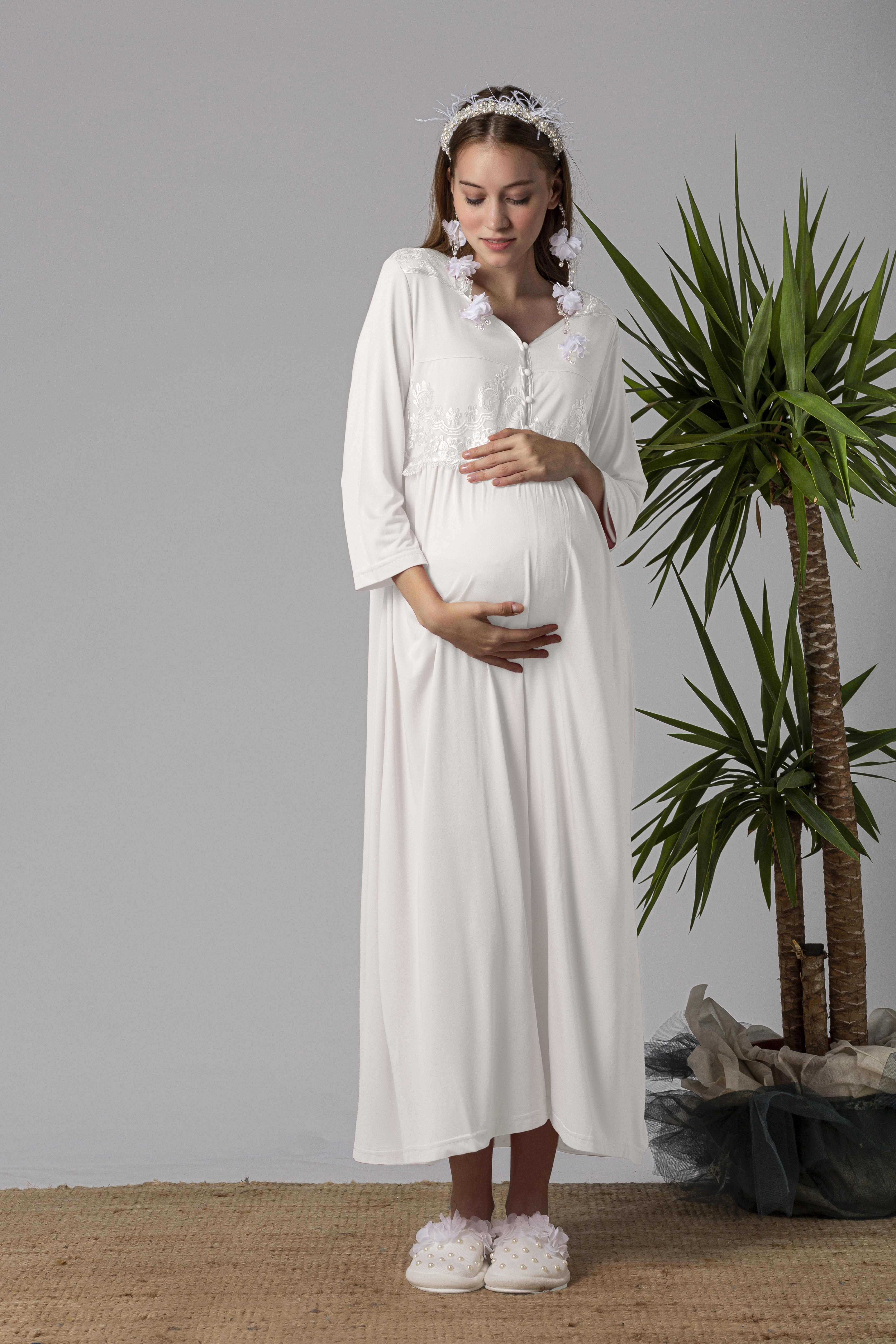 Effortt 23012 Ekru Dantelli Hamile Lohusa Gecelik