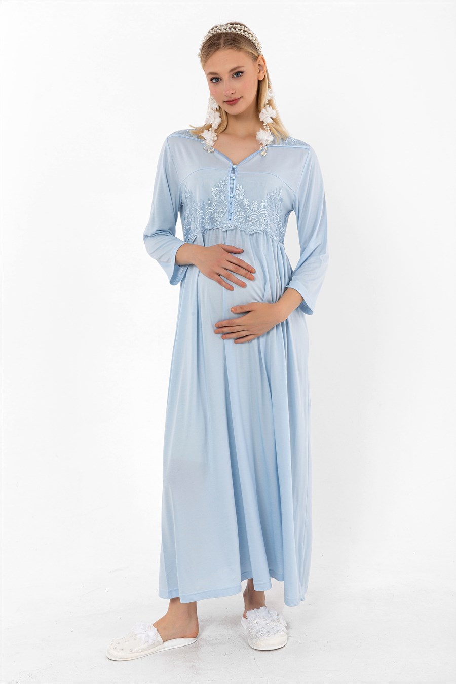 Effortt 23012 Mavi Dantelli Hamile Lohusa Gecelik